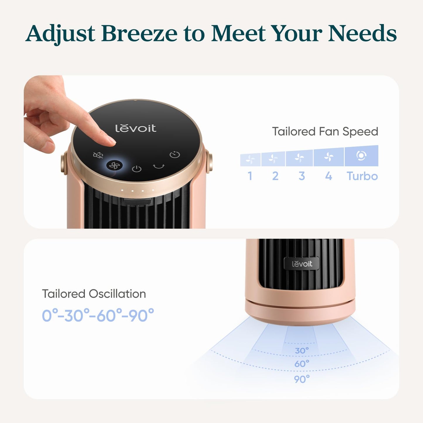 LEVOIT Tower Fan for Bedroom, 20dB Quiet Desk Fan with 23ft/s, Portable & Easy to Carry, 3-Angle & 5-Speed Mini Oscillating Fan, DC Motor, Bladeless, Remoter, 12H Timer, for Home, Room, Office, Clay