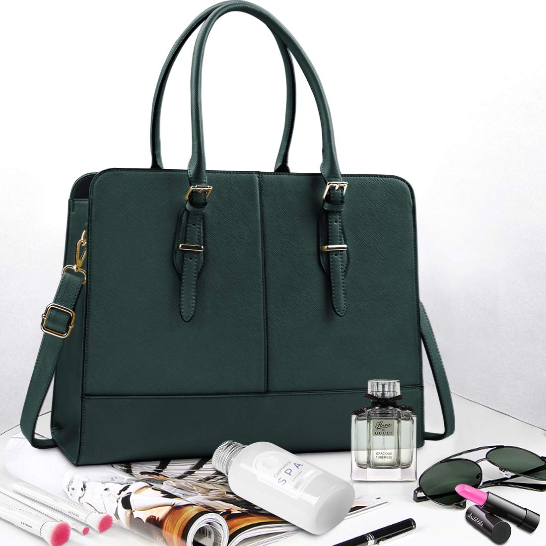 Laptop Bag for Women Leather Work Tote 15.6 Inch Laptop for Computer Bag Waterproof Business Office Professional Large Capacity Handbag Shoulder Bag DeepGreen