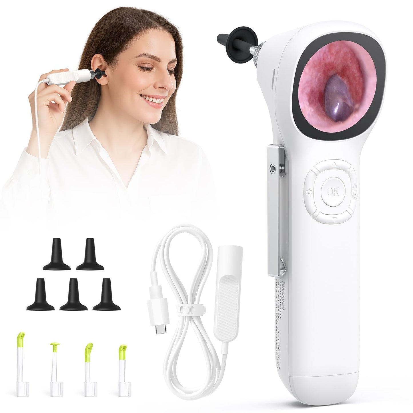 ScopeAround Otoscope with Light, 720P HD Ear Cleaning Camera & 6 LED Lights Ear Scope, 1.45" IPS Display Digital Otoscope, Ear Scope with Extention Cable, Smart Ear Camera, Ready to Use White