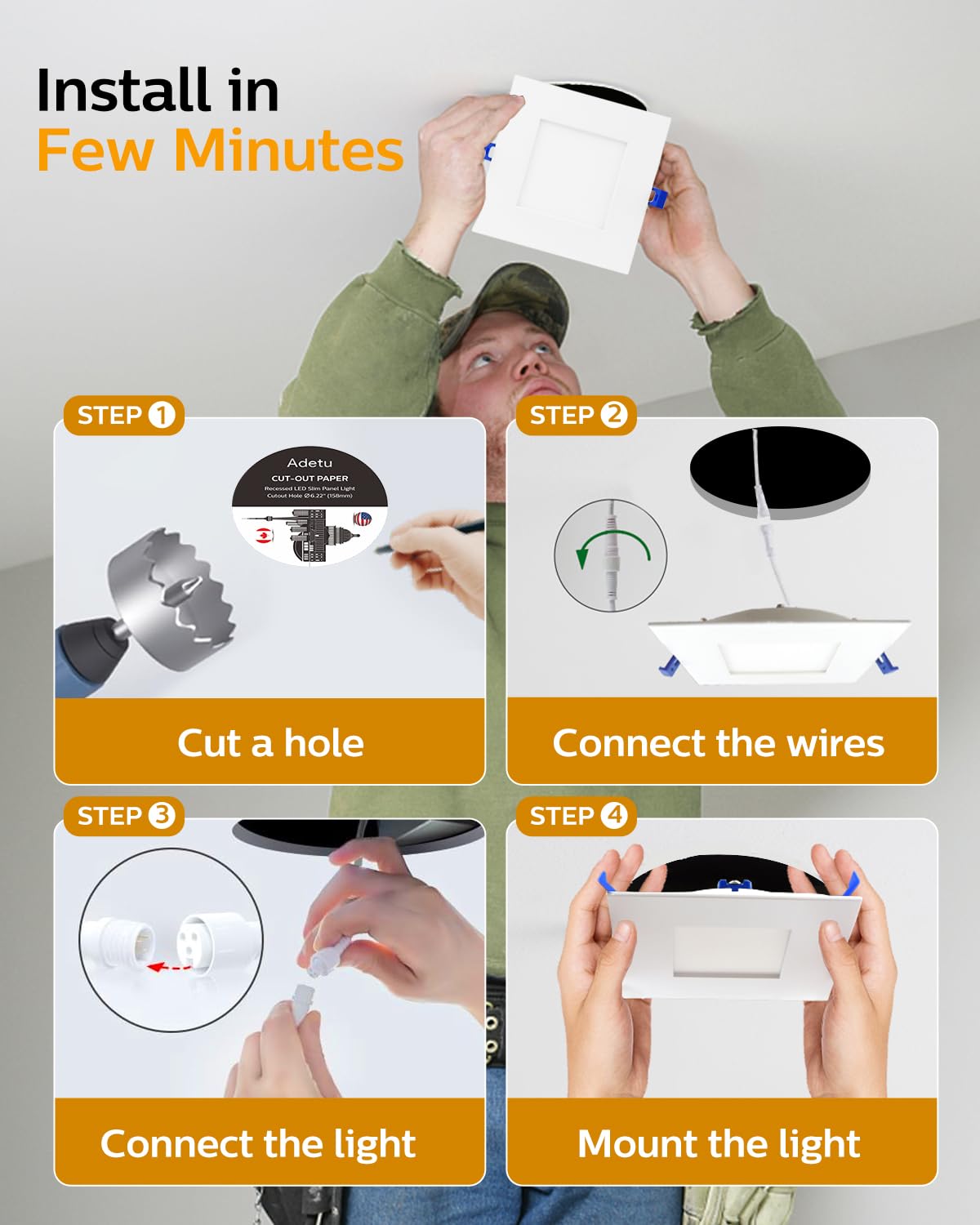 Adetu 6 Pack 6 inch Square Led Recessed Lighting,5CCT Ultra Thin Square Led Ceiling Light with Junction Box,14W 1190LM,CRI90,2700K-5000K Selectable,Dimmable Canless Downlight,ETL and Energy Star