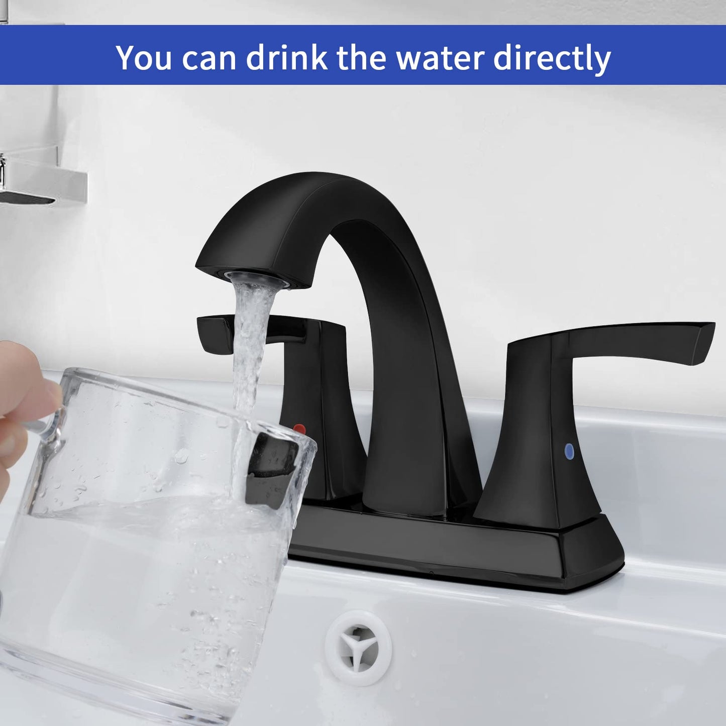 VXV Bathroom Faucet Matte Black, 2 Handles Low Arc Bathroom Sink Faucets, 4 Inch Centerset Bath Lavatory Faucets with Pop-up Drain & Faucet Supply Lines (MB)