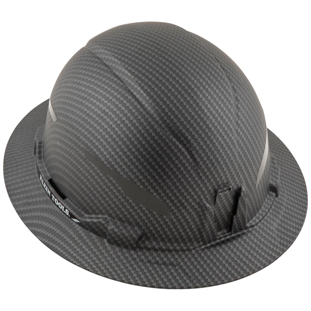 Klein Tools Hard Hat, Non-Vented Full Brim, Premium KARBN Pattern, Class E, Tested up to 20kV, Padded Sweat-Wicking Sweatband, Top Pad