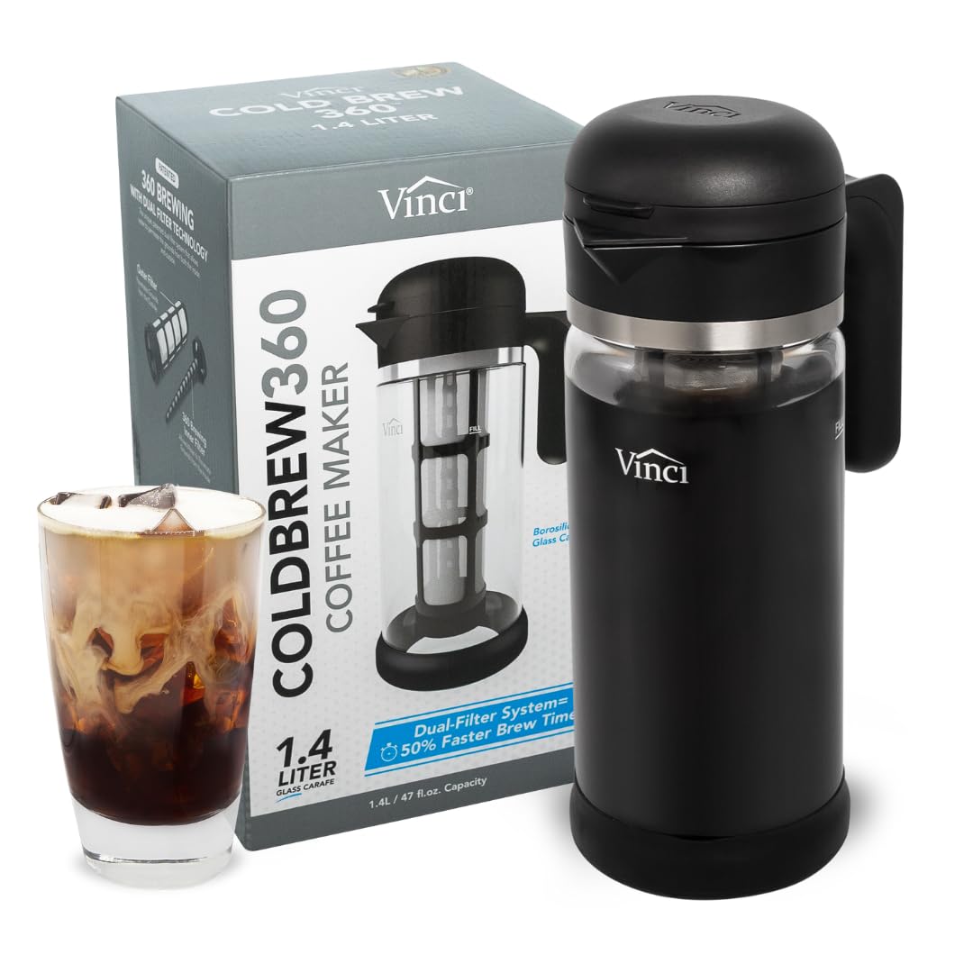 VINCI Cold Brew 360 Glass Coffee Maker – Patented Dual Filter Technology for Faster Brewing – Iced Coffee Pitcher (1.4 Liter / 47 oz)