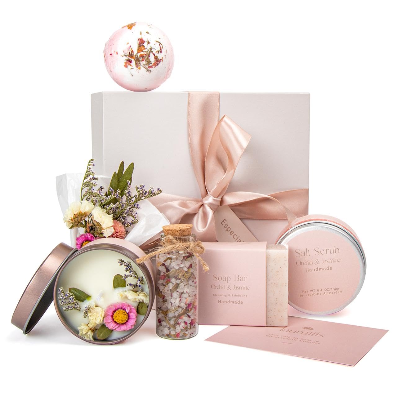 LaurGifts Orchid & Jasmine Spa Gift Set for Women – Luxurious Valentine's Day Spa Gift Baskets for Women – Perfect Birthday Gifts for Women, Gifts for Mom, Wife, Sister, Friend, Bath Gifts for Women