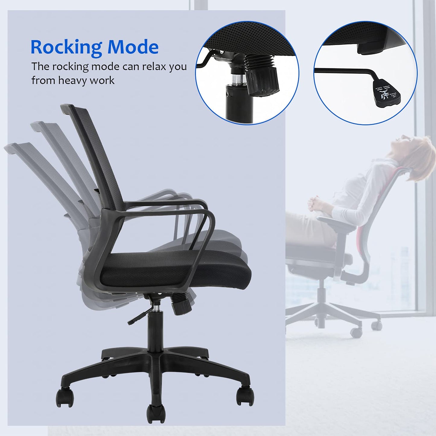 FDW Office Chair Ergonomic Desk Chair Mid-Back Mesh Computer Chair Lumbar Support Comfortable Executive Adjustable Rolling Swivel Task Chair with Armrests,Black