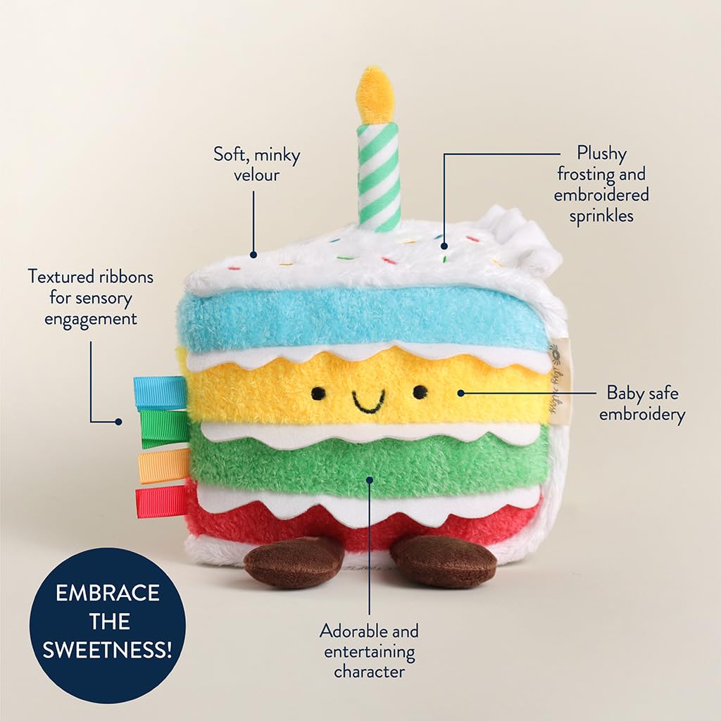 Itzy Ritzy Snuggles Plush Toy – Soft Stuffed Animal for Babies, Kids & Adults – Sensory Ribbons & Textured Fabrics for Tactile Play – Cozy & Cuddly Companion for Newborns & Up (Birthday Cake)