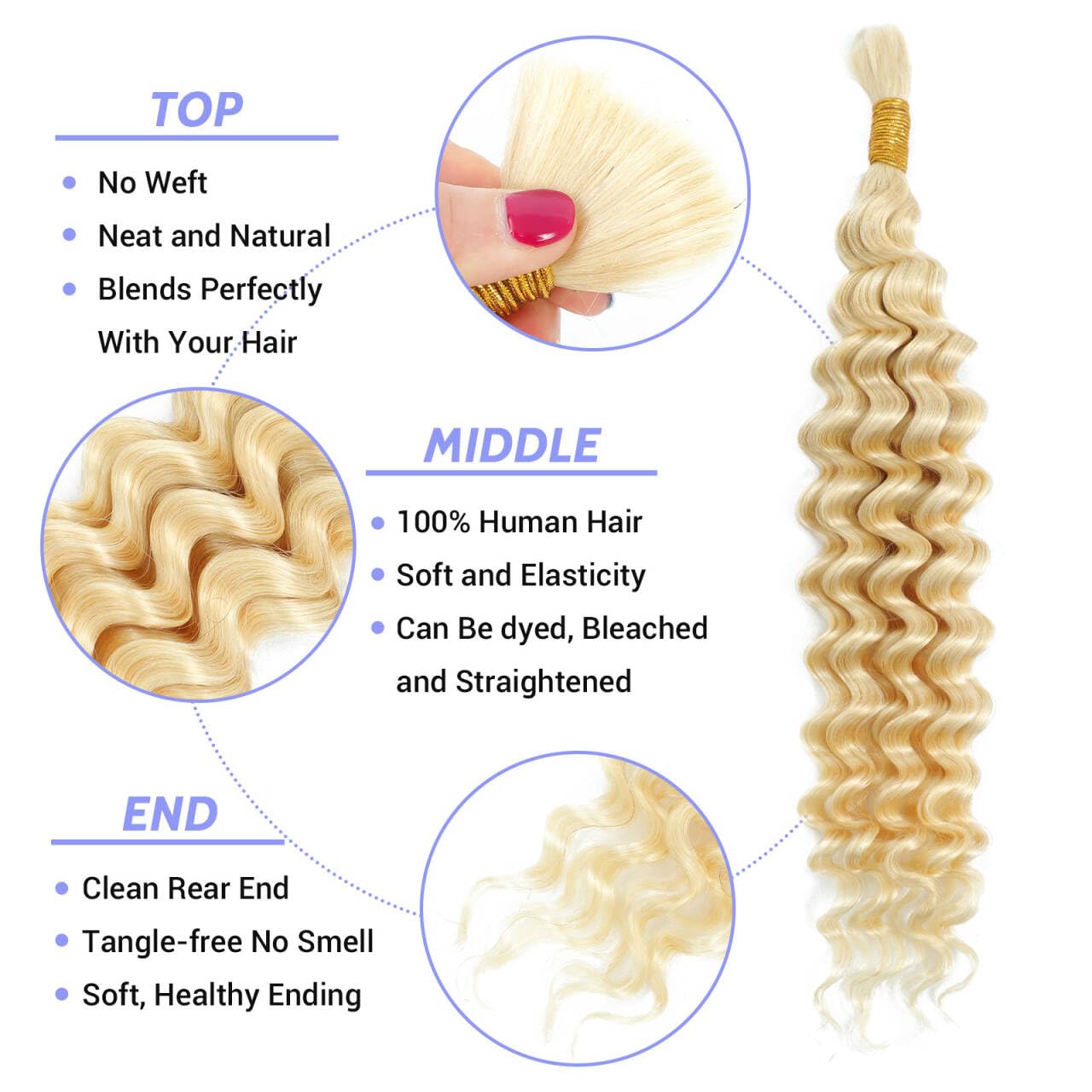 613 Blonde Human Braiding Hair 18 Inch 50g 1 Bundles Deep Wave Bulk Human Hair for Braiding Curly Human Hair for Boho Braids Water Wet and Wavy Curls Micro Extensions