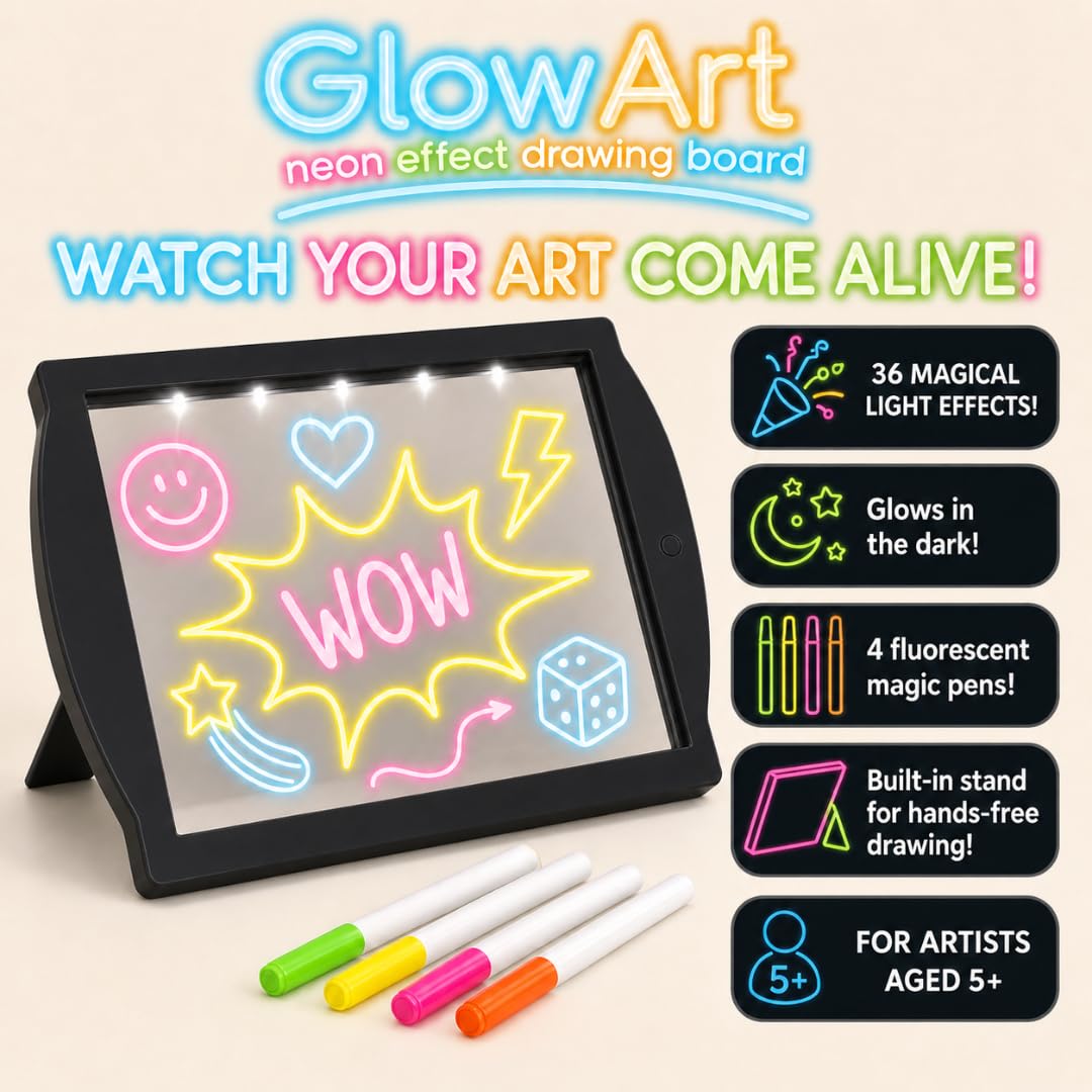 Marvin's Magic - Glow Art Unique Craft Kit | Light Up Kids Art Set | Includes Neon Effect Drawing Board with A Built-in Stand and 4 Fluorescent Magic Pens - Black
