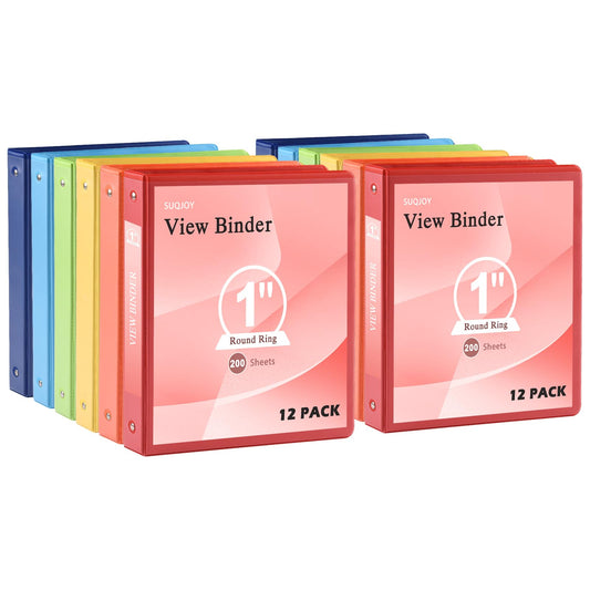 Durable 3-Ring Binder, 1 Inch Round Ring, Clear View Cover with 2 Inside Pockets, PVC-Free, Assorted Colors Binders, Holds 8.5 x 11 Inch Paper, 12 Count