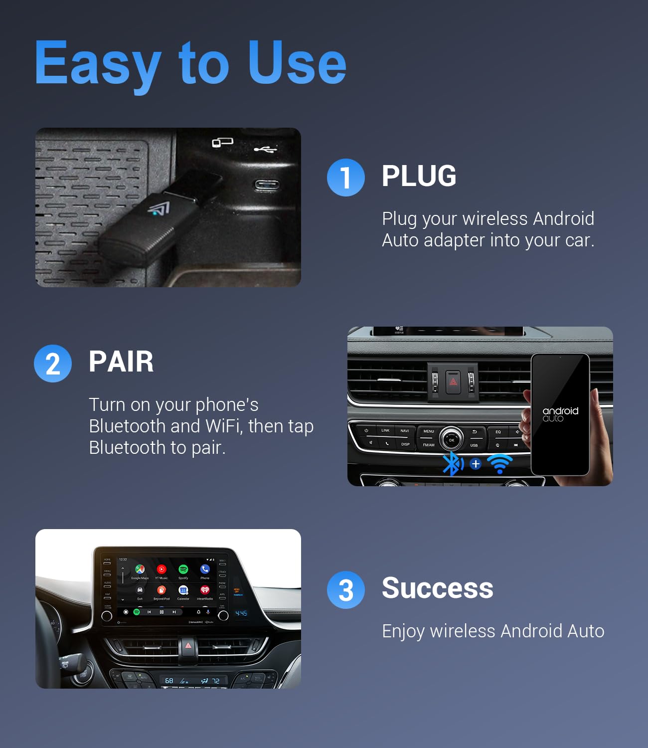 Android Auto Wireless Adapter for Factory Wired Android Auto Cars from 2016, Mini Wireless Android Auto Car Adapter Converts Wired Android Auto to Wireless, Plug & Play, Online Update (Black)