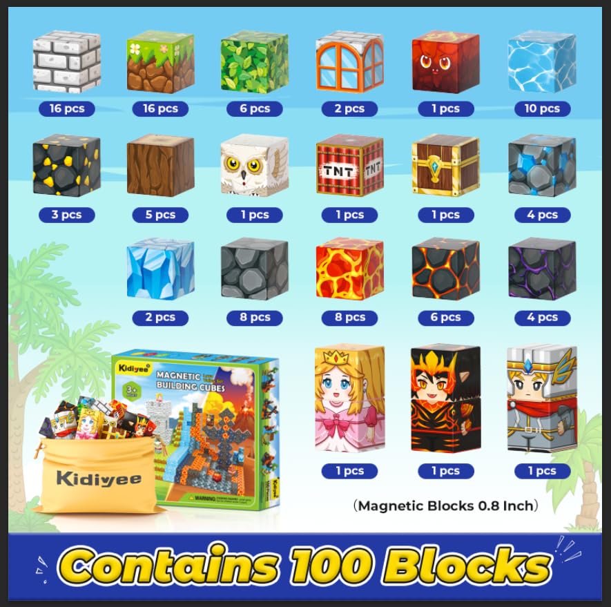 100PCS Magnetic Blocks -Build Mine Magnet World Forest & Lava Set, Magnet Building Toys for Kids Ages 5-7, STEM Sensory Toddler Toys for 3+ Year Old Boys & Girls, Creativity Birthday Gifts for Child