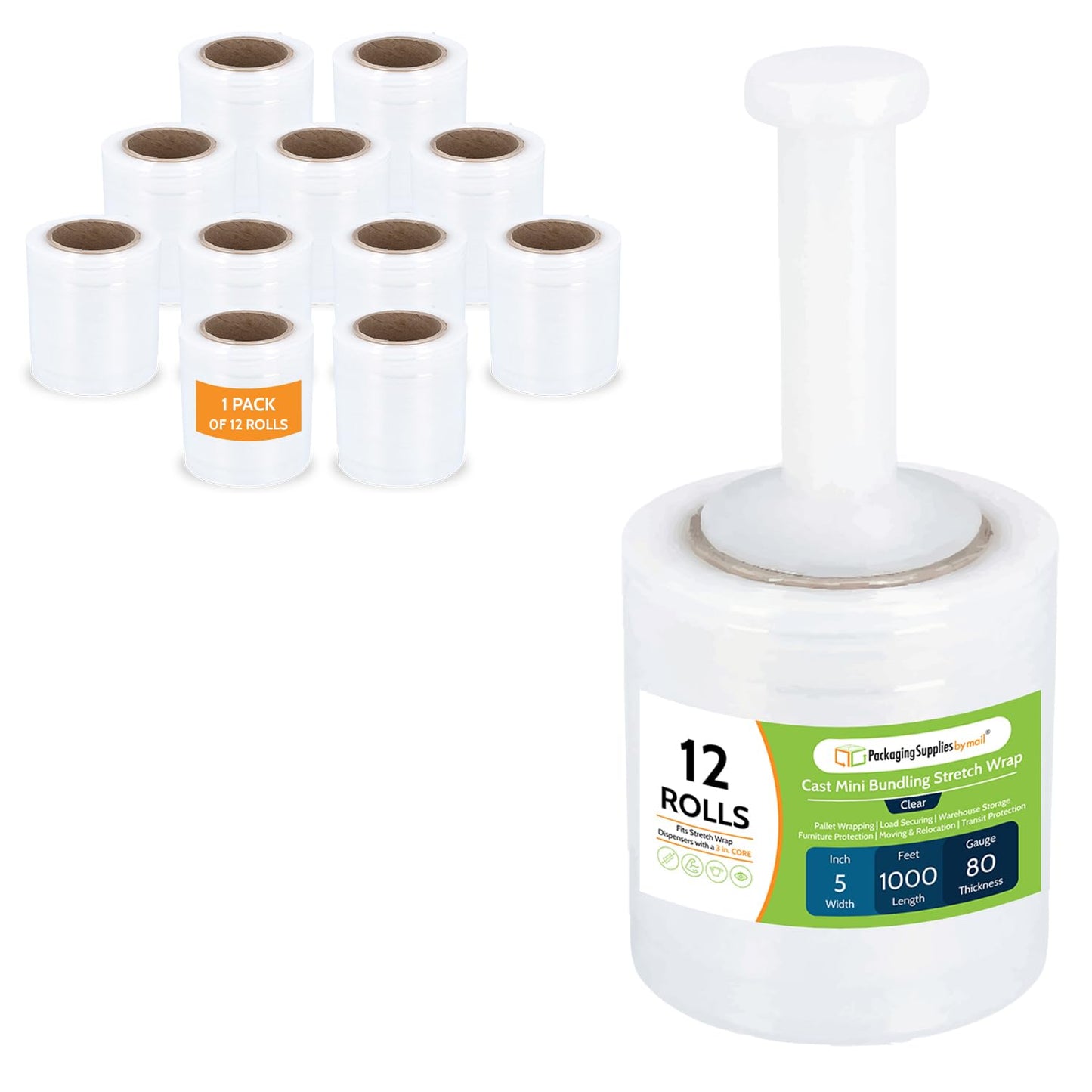 PSBM Mini Stretch Wrap with Plastic Handle, 12 Rolls 5 Inch x 1000 Feet 80 Gauge Heavy Duty up to 500% Stretch Clear Plastic Wrap Industrial Strength Shrink Film for Moving, Packing & Shipping