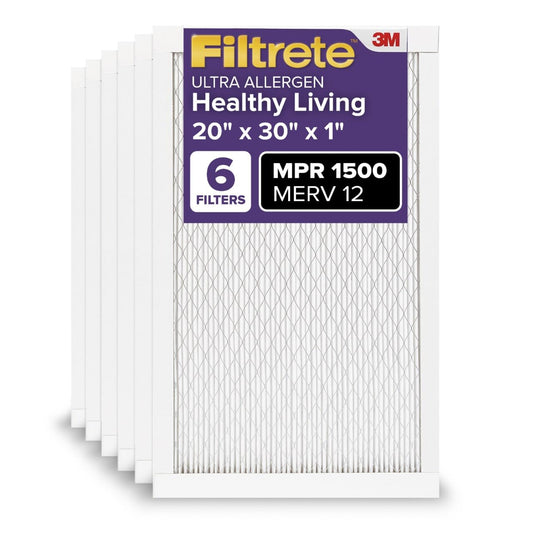 Filtrete 20x30x1 AC Furnace Air Filter, MERV 12, MPR 1500, CERTIFIED asthma & allergy friendly, 3 Month Pleated 1-Inch Electrostatic Air Cleaning Filter, 6-Pack (Actual Size 19.81x29.81x0.78 in)