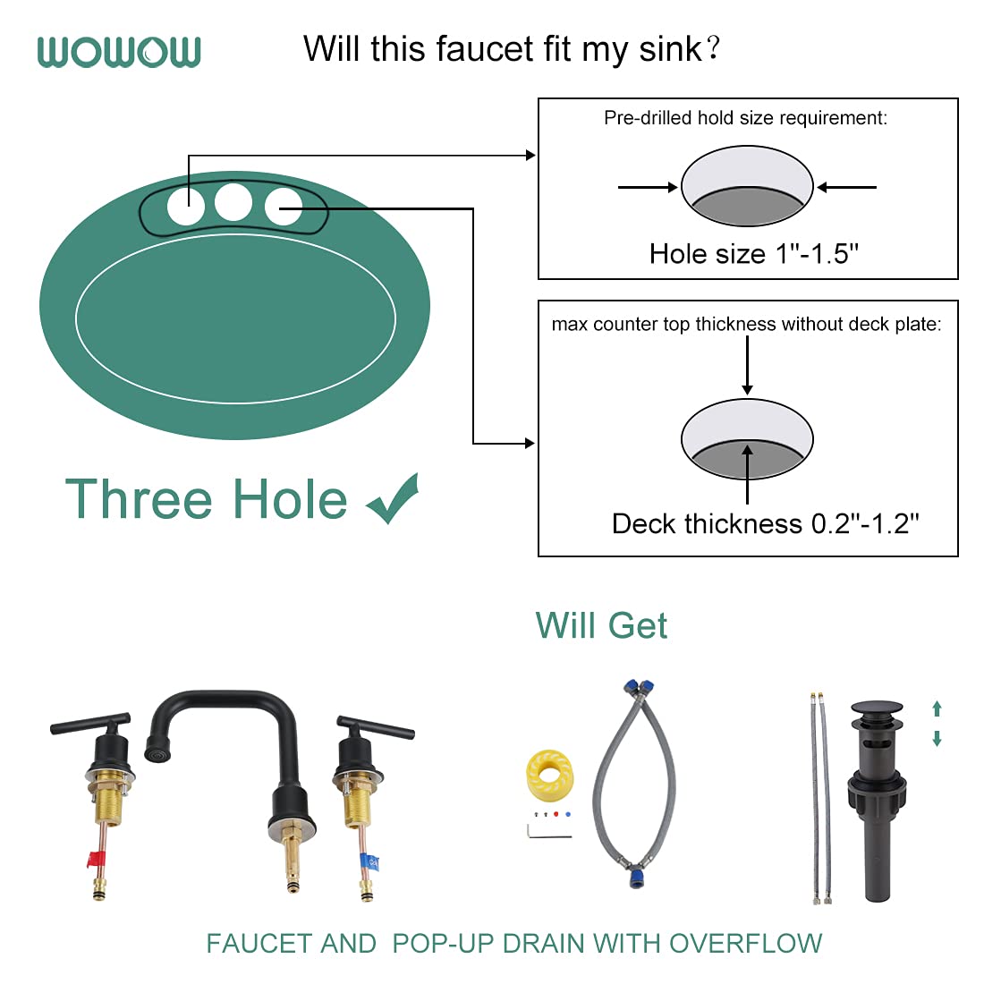 WOWOW Two Handles Widespread 8 inch Bathroom Faucet Black 3 Pieces Basin Faucets 360 Degree Swivel Spout Lavatory Sink Faucet