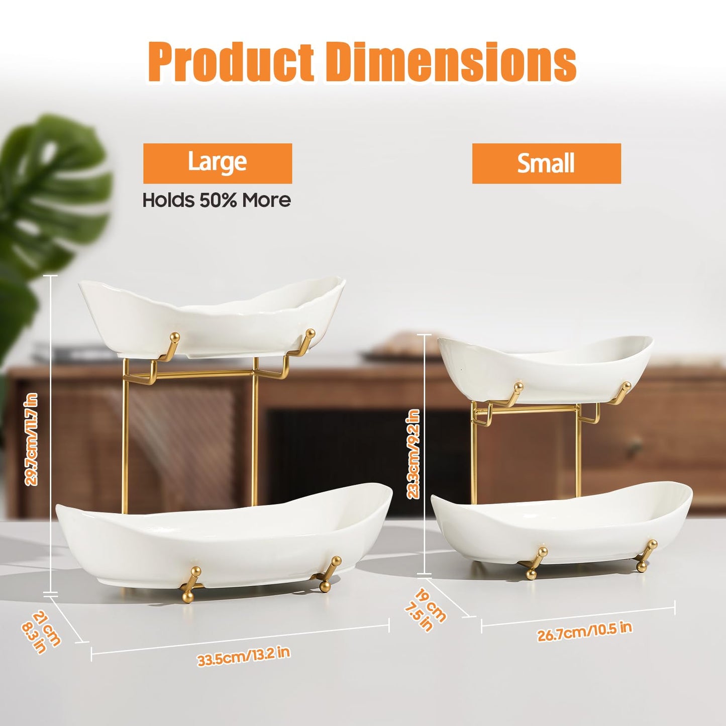 HOMKULA 2 Tier Ceramic Fruit Bowl for Kitchen Counter, Tiered Fruit Basket for Countertop, Modern Multi Layer Fruit Display Stand for Party, Cute (Gold&White, Large)