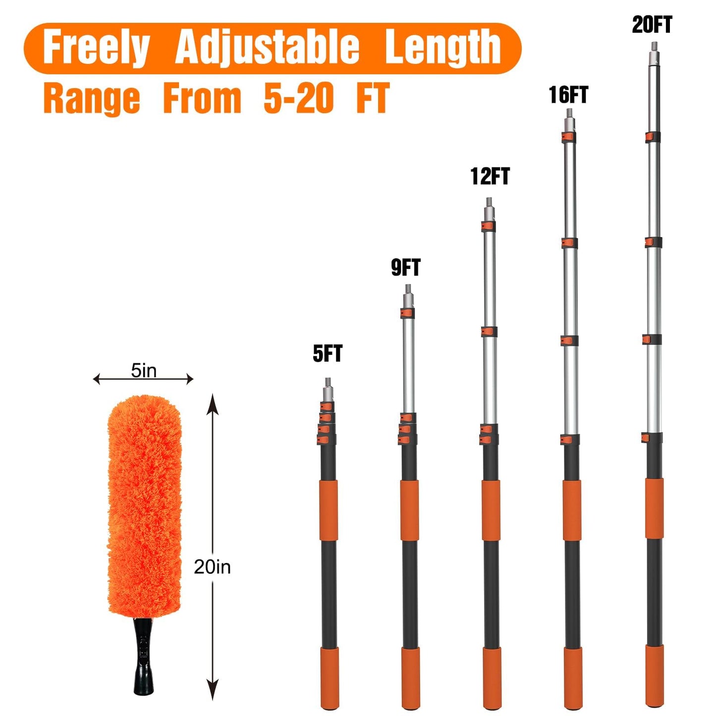 LAANPOLE 26FT Reach Dusters for Cleaning, Ceiling Fan Cleaner Duster with Extension Pole, Wall and Baseboard Cleaner Mop with Handle for Window Cobweb Fan Blade and High Ceiling