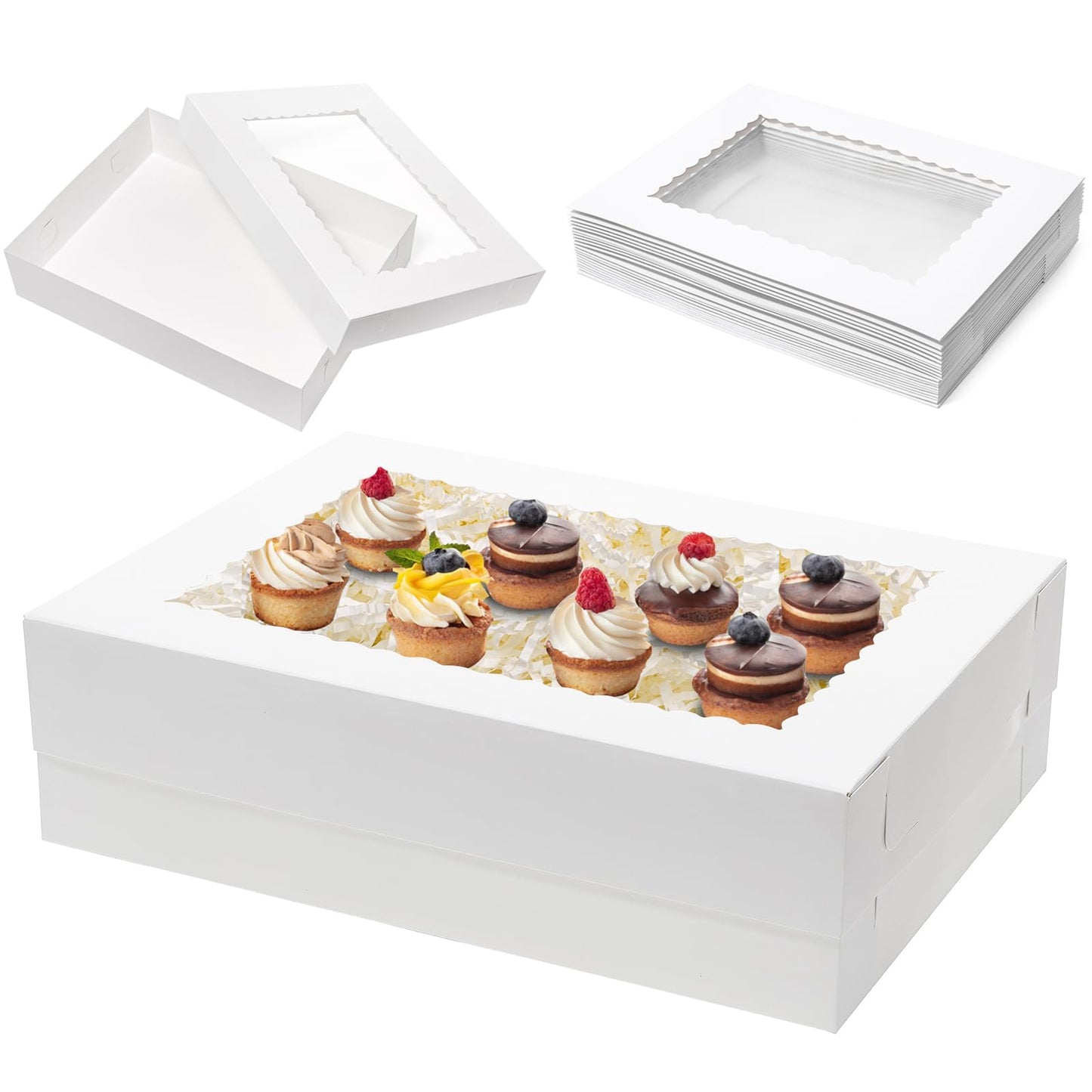 Mefleet 10pcs 19x14x5 Half Sheet Cake Boxes with Window Rectangle 1/2 Sheet Bakery Boxes for Pastry Baking Cake, Cupcakes, Donuts, Cookies, Pie Treat Packaging White Large