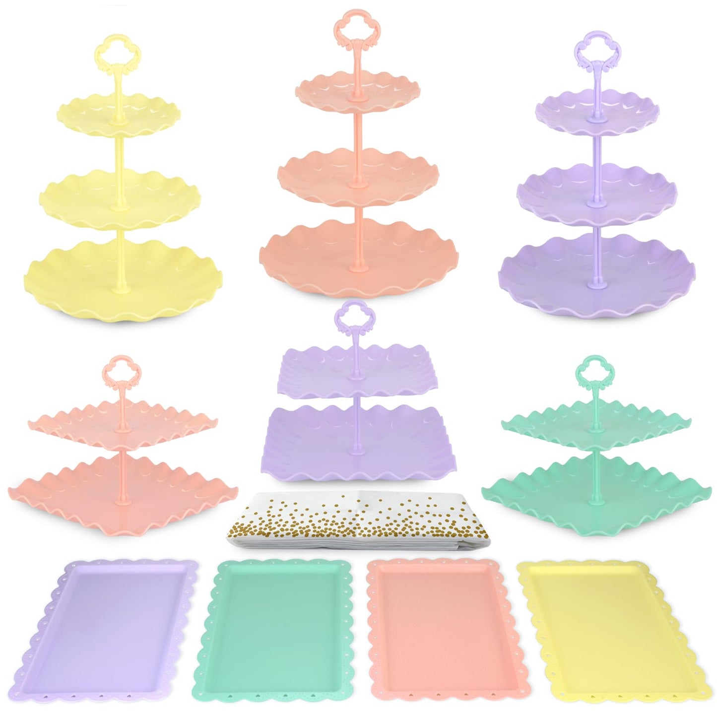 Pack of 11 NWK Cake Stand Set, with 3 x Two-Tier and 3 x Three-Tier Cupcake Stands, 4 x Appetizer Trays, 1 x Tablecloth for Birthday Bridal Baby Shower Party (Colorful)