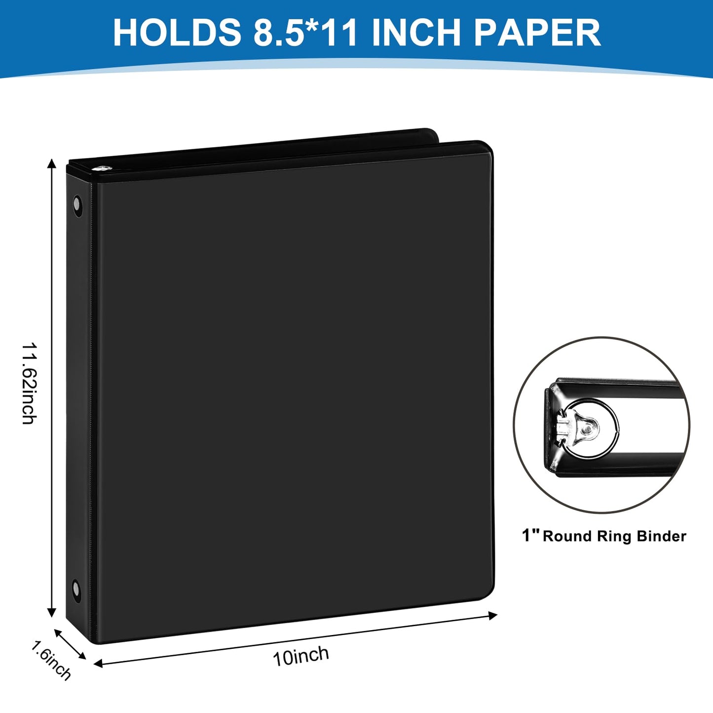 Durable 1 inch 3-Ring Binder, 1" Round Ring Binder with 2 Inside Pockets, Bulk Basic Binders, Clear View Cover 1-inch Binders Holds 8.5'' x 11''Paper for Office/Home/Back to School（Pack of 12, Black