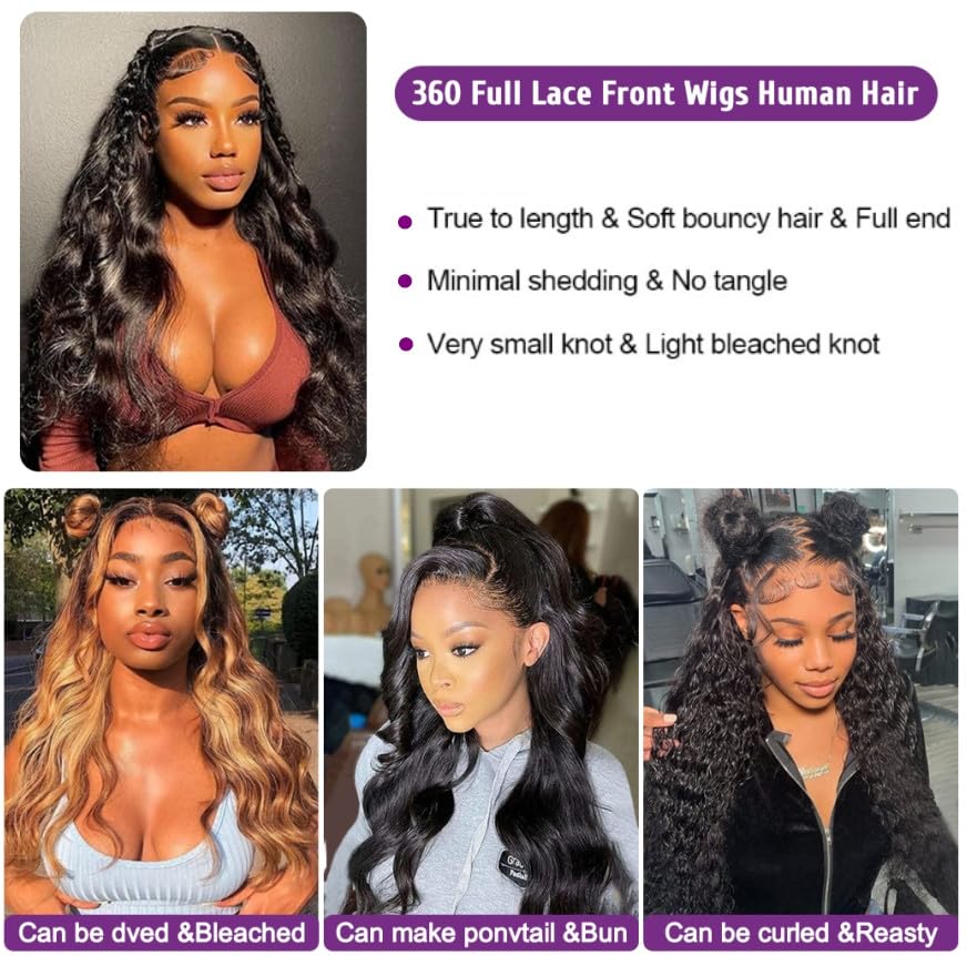 Uonoco 360 Lace Front Wigs Human Hair Pre Plucked 360 HD Full Lace Frontal Black Wigs Human Hair Pre Plucked Body Wave Transparent Lace Front Wigs Human Haiir for Women With Baby Hair 20 Inch