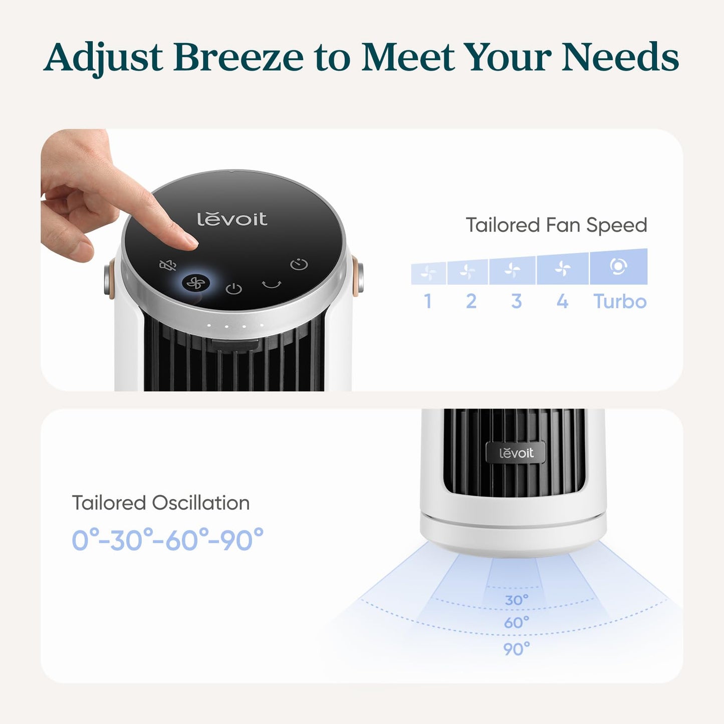 LEVOIT Tower Fan for Bedroom, 20dB Quiet Desk Fan with 23ft/s, Portable & Easy to Carry, 3-Angle & 5-Speed Mini Oscillating Fan, DC Motor, Bladeless, Remoter, 12H Timer, for Home, Room, Office, White