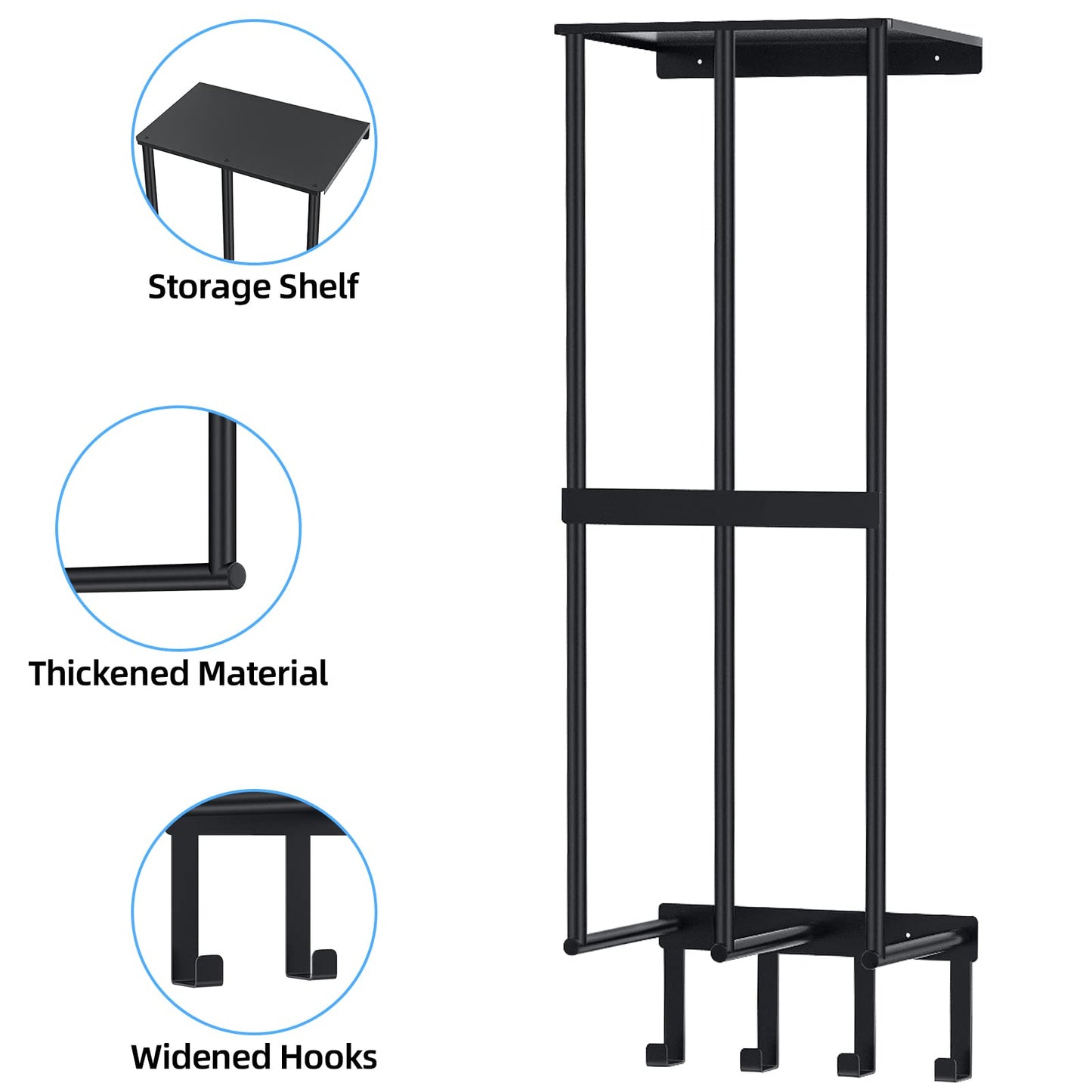 Camping Chair Wall Storage for Garage - Metal Rack Holder, Floating Shelf, 4 Hooks, Stainless Steel - Beach Chair and Umbrella Organizer, Black
