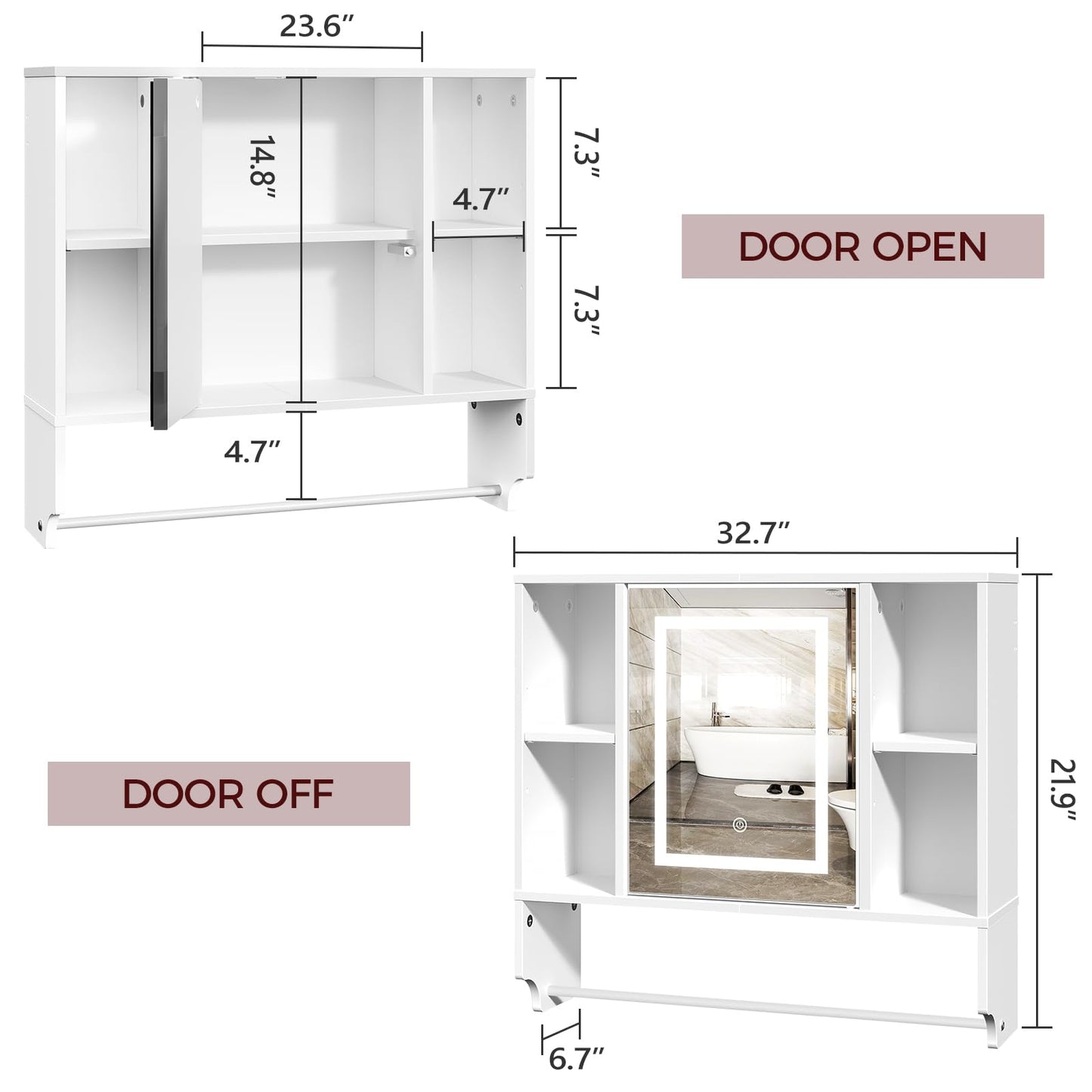 MAHANCRIS Bathroom Wall Cabinet with Mirror, Wall Mounted Medicine Cabinet with Color Adjustment LED Lights, Mirrored Over The Toilet Storage Cabinet with Adjustable Shelves, 23.6''W x 21.6''H, White