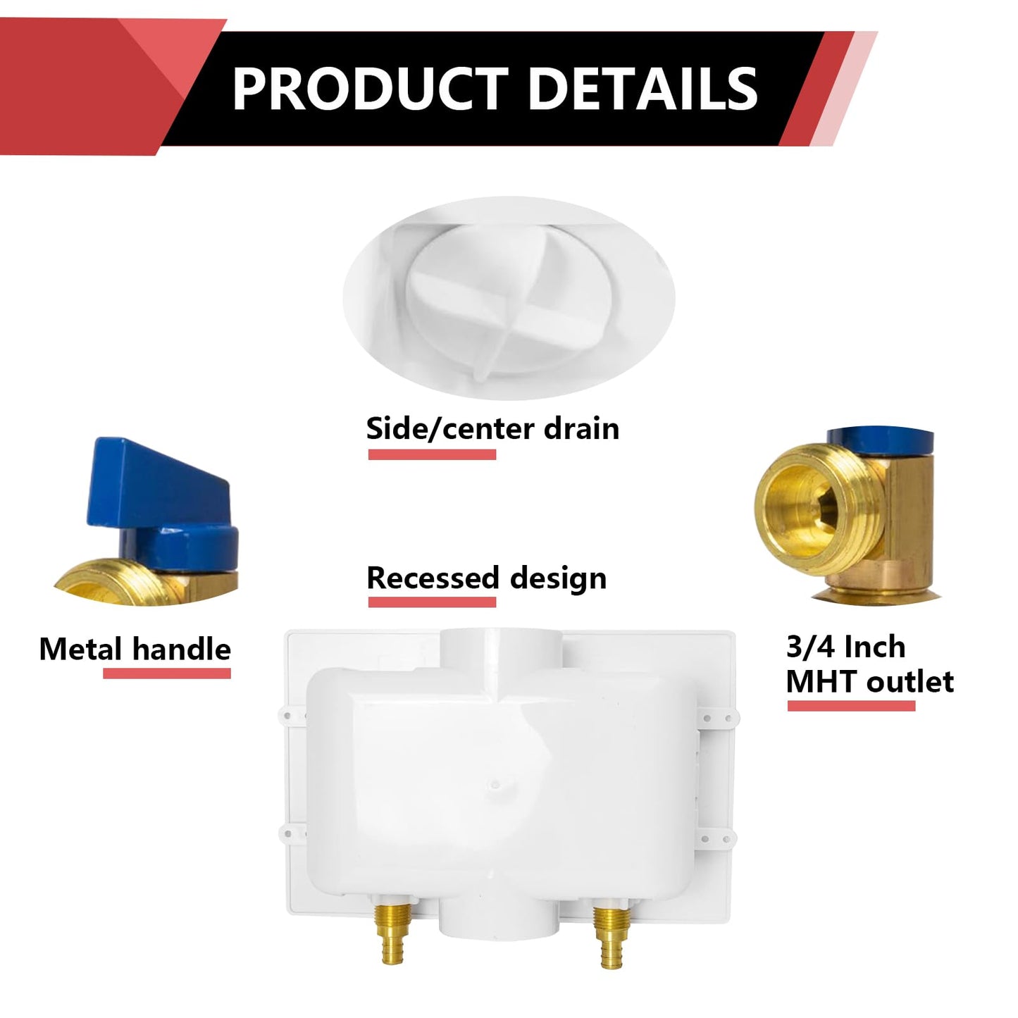 EFIELD Premium Washing Machine (Laundry) Outlet Box, 1/2-inch Pex Crimp Connection, Center Drain With Stainless Steel Water Hammer Arrestor