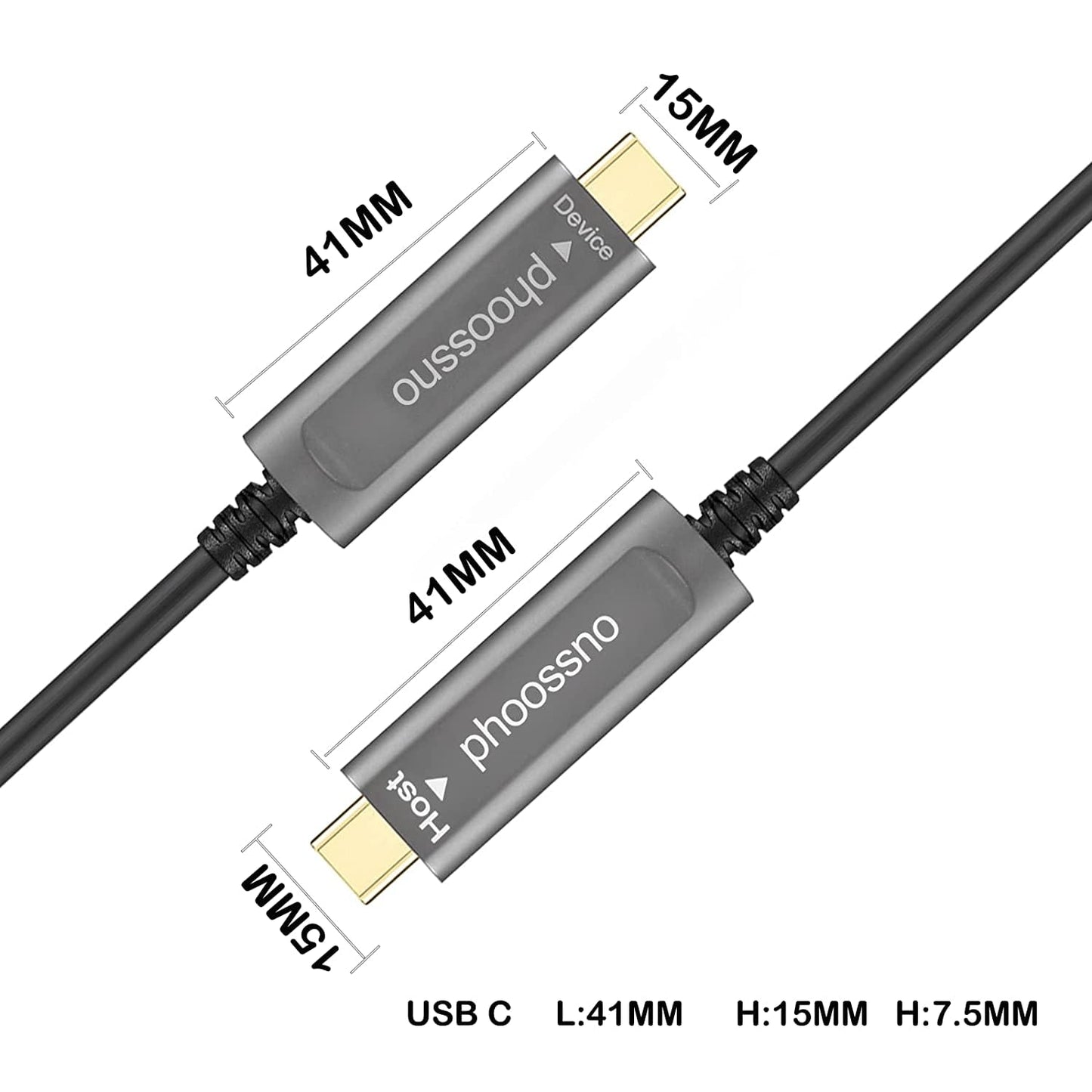 phoossno USB C to C Fiber Optical Cable USB 3.1 Type C Cable 10Gbps 33FT Compatible with Microsoft Azure Logitech Camera Aver &Vaddio & Barco ClickShare Touch Screen Kinect Intel RealSense