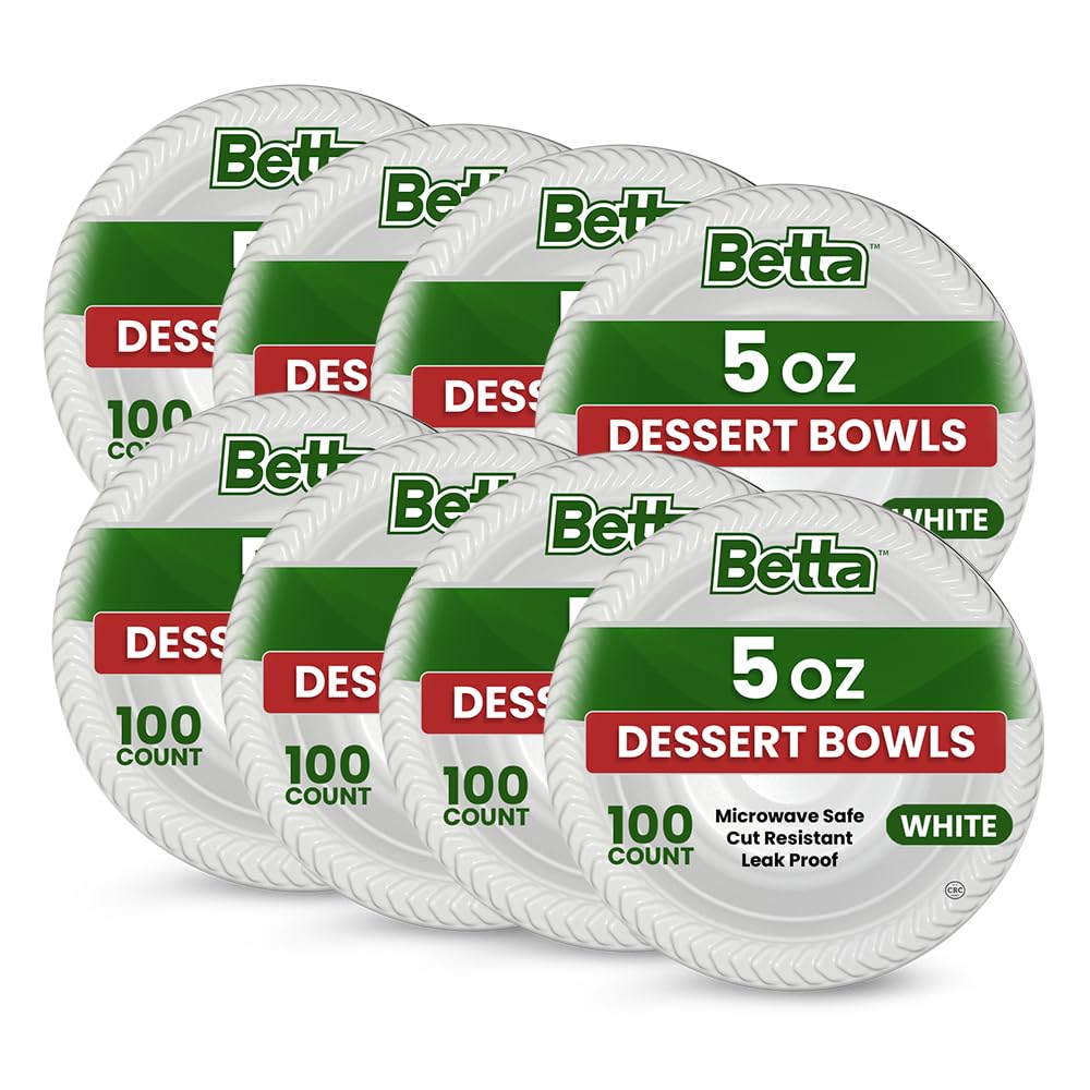 Betta 5 Oz Disposable Plastic Small Dessert Bowls, White, 800 Count, Bulk Case for Schools, Breakrooms and Cafeteria, Microwave Safe (8 Pack Per Box x100)
