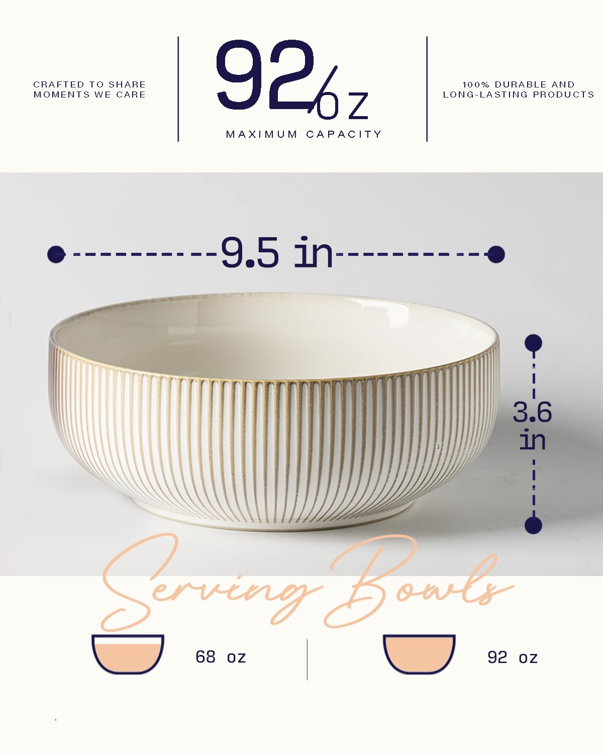 getstar Large Serving Bowls (9.5 inch & 92 fl oz), Ceramic Salad Bowl Set of 2, Microwave and Dishwasher Safe