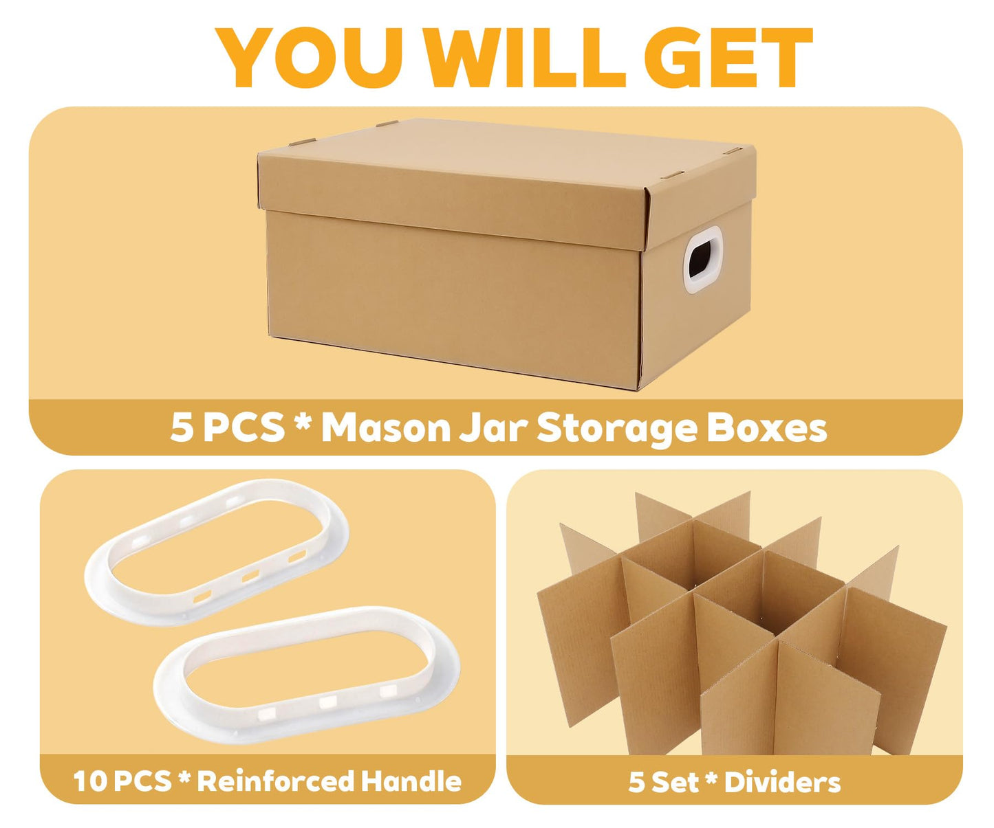 DERZIFUN Canning Jar Storage Boxes Set of 5, 32 oz Mason Jar Storage Boxes with Dividers, Mason Jar Organizer with Handles