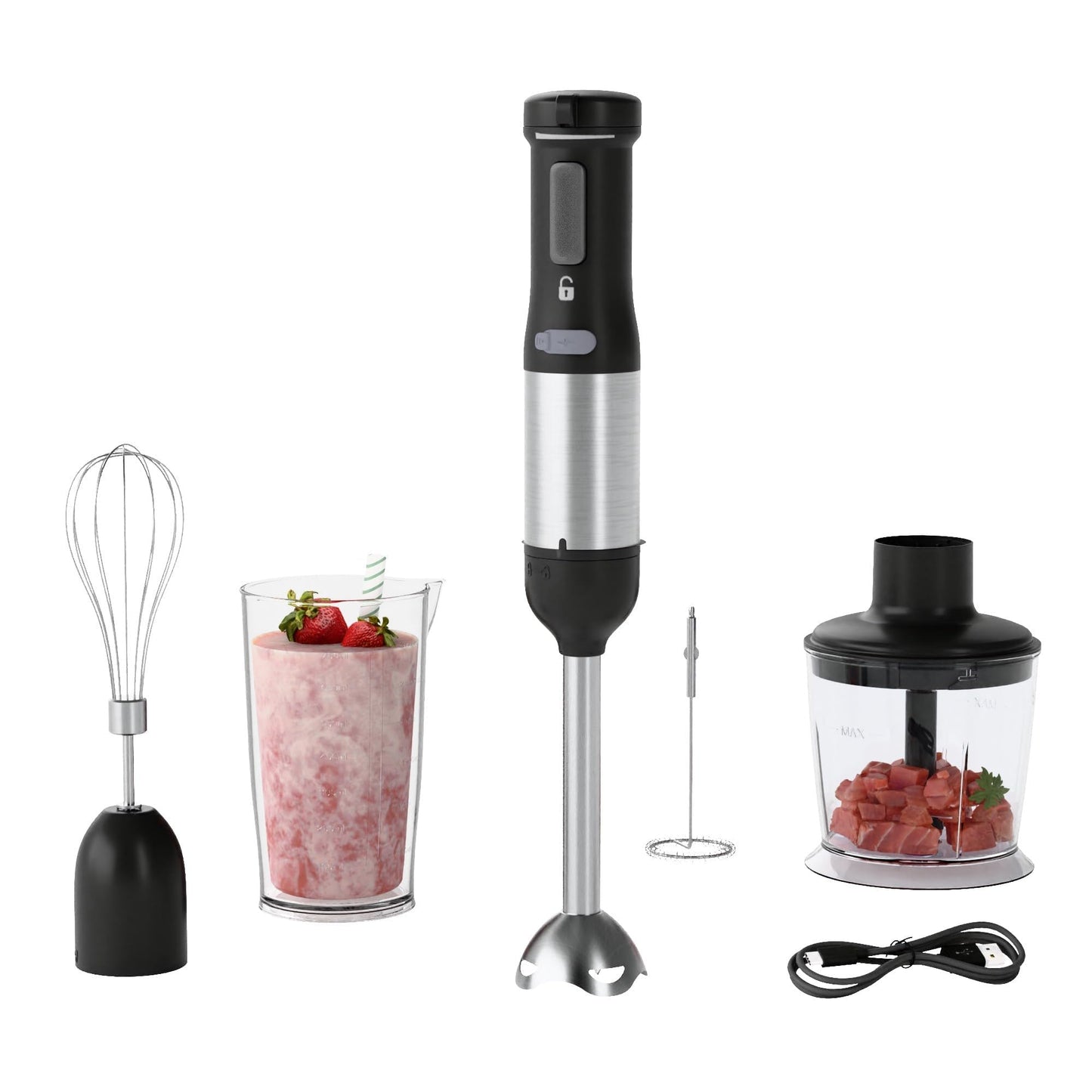WHUTO Cordless Immersion Hand Blender, 5-in-1 Variable Speed blender handheld,Rechargeable with 2000mAh Battery, BPA-Free & Dishwasher-Safe Accessories:700ml Beaker,Chopper,Whisk & Milk Frother,Black