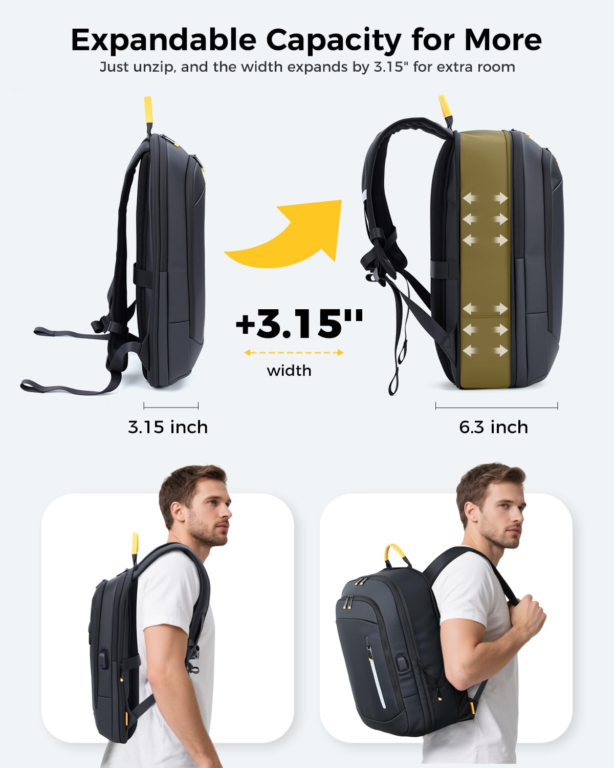 Lekespring Slim Laptop Backpack for Men, 15.6 Inch Expandable Business Travel Backpack with USB Charging Port, 1.54Lbs Lightweight Work Computer Bag, 600D Waterproof Durable Backpack, Black