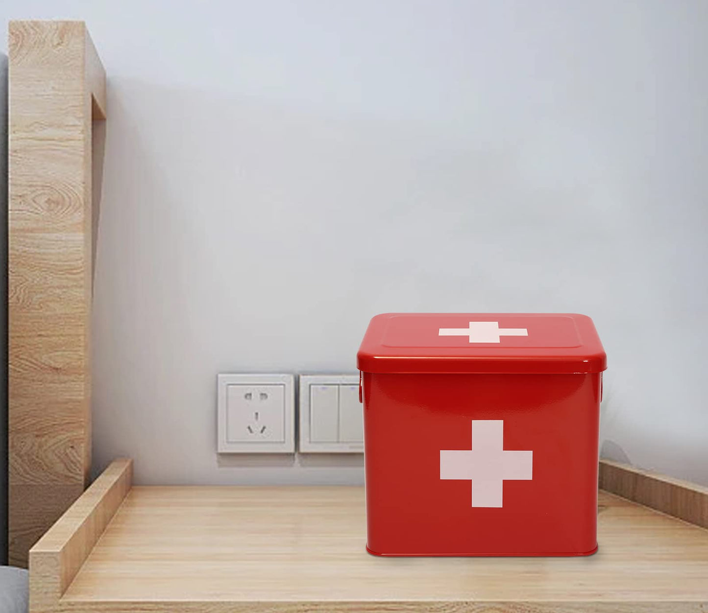 Xbopetda First Aid Kit, First Aid Medicine Supplies Bin - 2-Tier Metal Medicine Storage Tin, First Aid Box with Removable Tray for Home Emergency Tool Set-Red