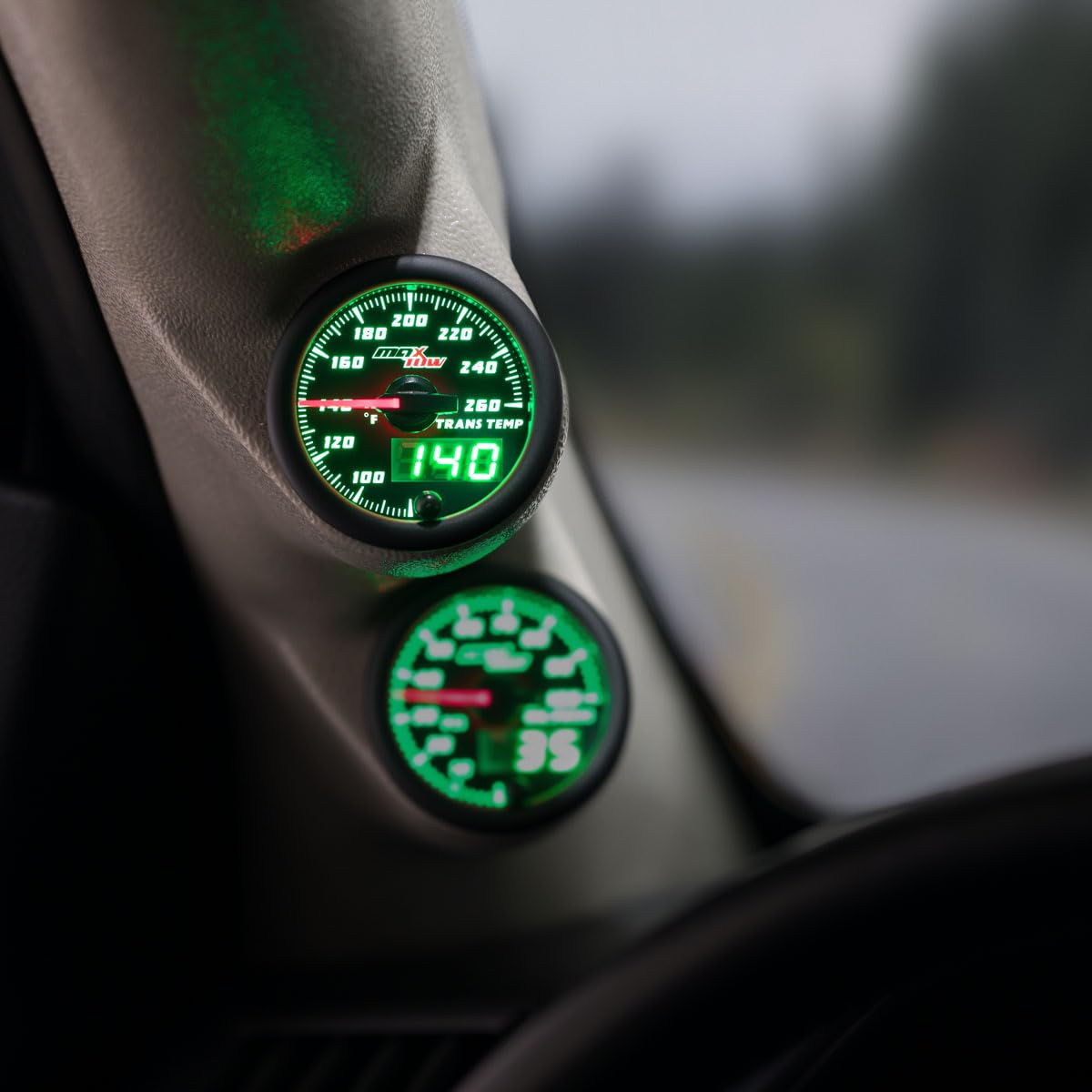 MaxTow Double Vision 260 F Transmission Temperature Gauge Kit - Includes Electronic Sensor - Black Gauge Face - Green LED Illuminated Dial - Analog & Digital Readouts - for Trucks - 2-1/16" 52mm