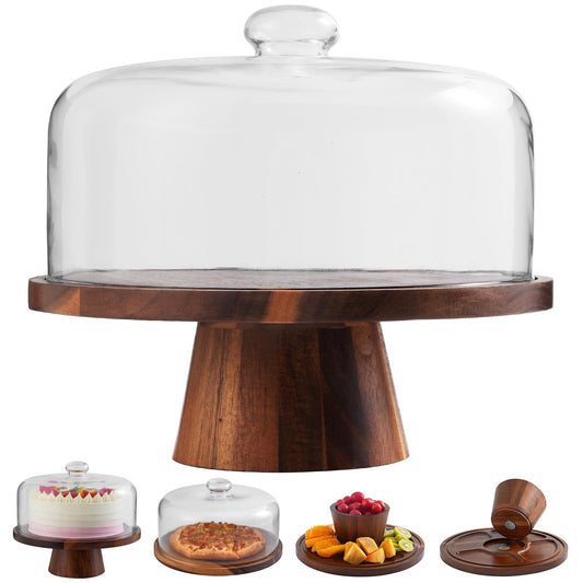 ChilkukUie Acacia Wood Cake Stand with Glass Lid – 12" Magnetic Base, Detachable Serving Tray for Cake, Cheese, Charcuterie, Snacks & Desserts – Wooden Cake Holder for Parties & Kitchen Display