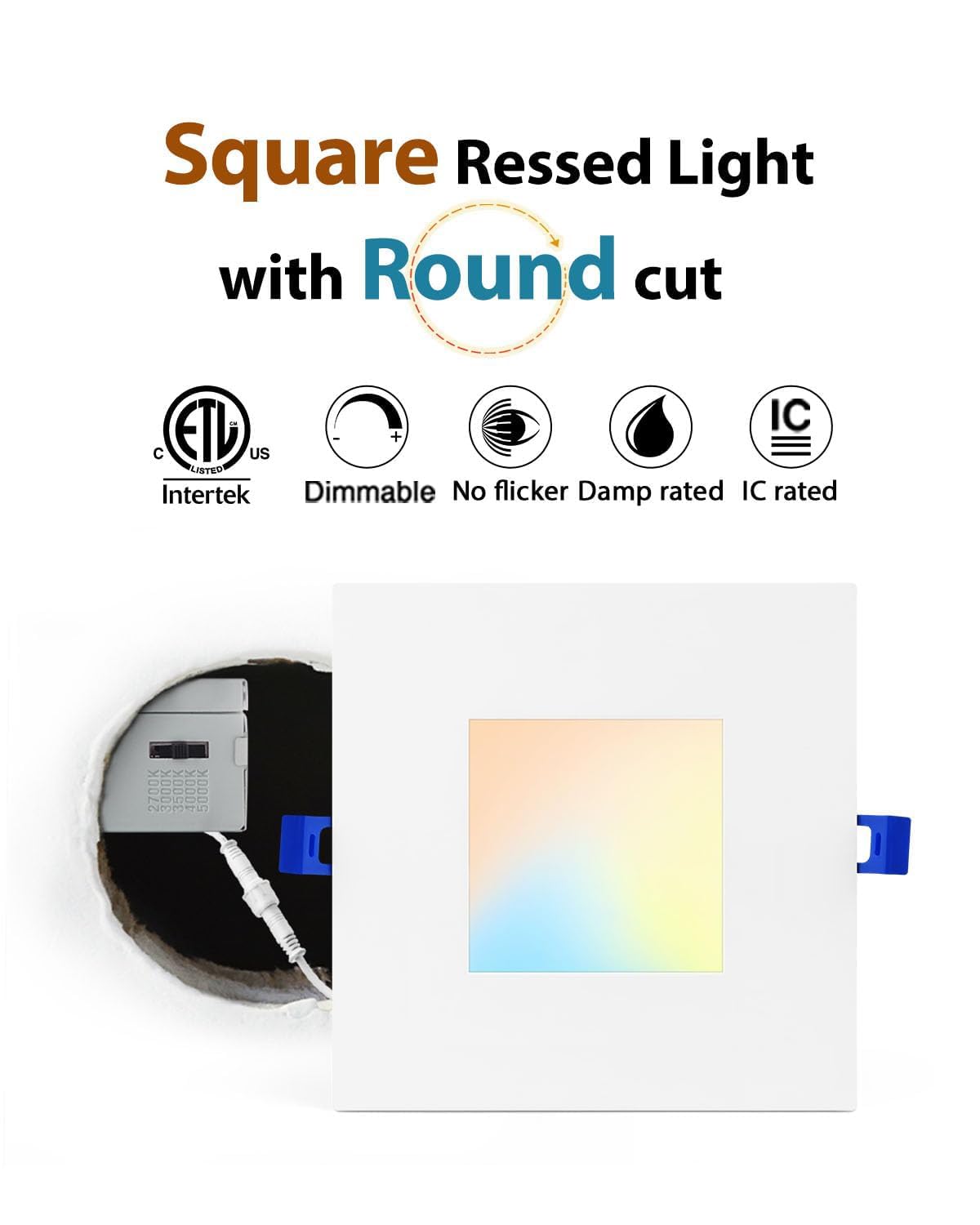 Adetu 6 Pack 6 inch Square Led Recessed Lighting,5CCT Ultra Thin Square Led Ceiling Light with Junction Box,14W 1190LM,CRI90,2700K-5000K Selectable,Dimmable Canless Downlight,ETL and Energy Star