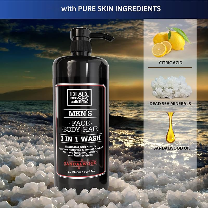 Dead Sea Collection Mens Body Wash 3 in 1 – Sandalwood Body Wash for Men – Shower Gel – Shampoo – Shower Soap for Face and Hair – Pack of 2 Bottles (33.8 Fl. Oz. Each)