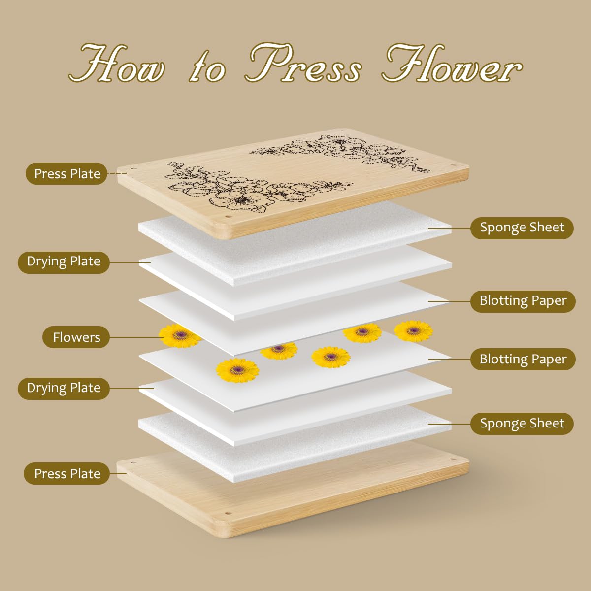 Happinit Large Flower Press Kit, 6 Layers 11" x7" Even Pressure Flower Pressed DIY Arts, Flower Pressing Kit for Adults, Dried Flower Plant Preservation Kit for Craft Lovers