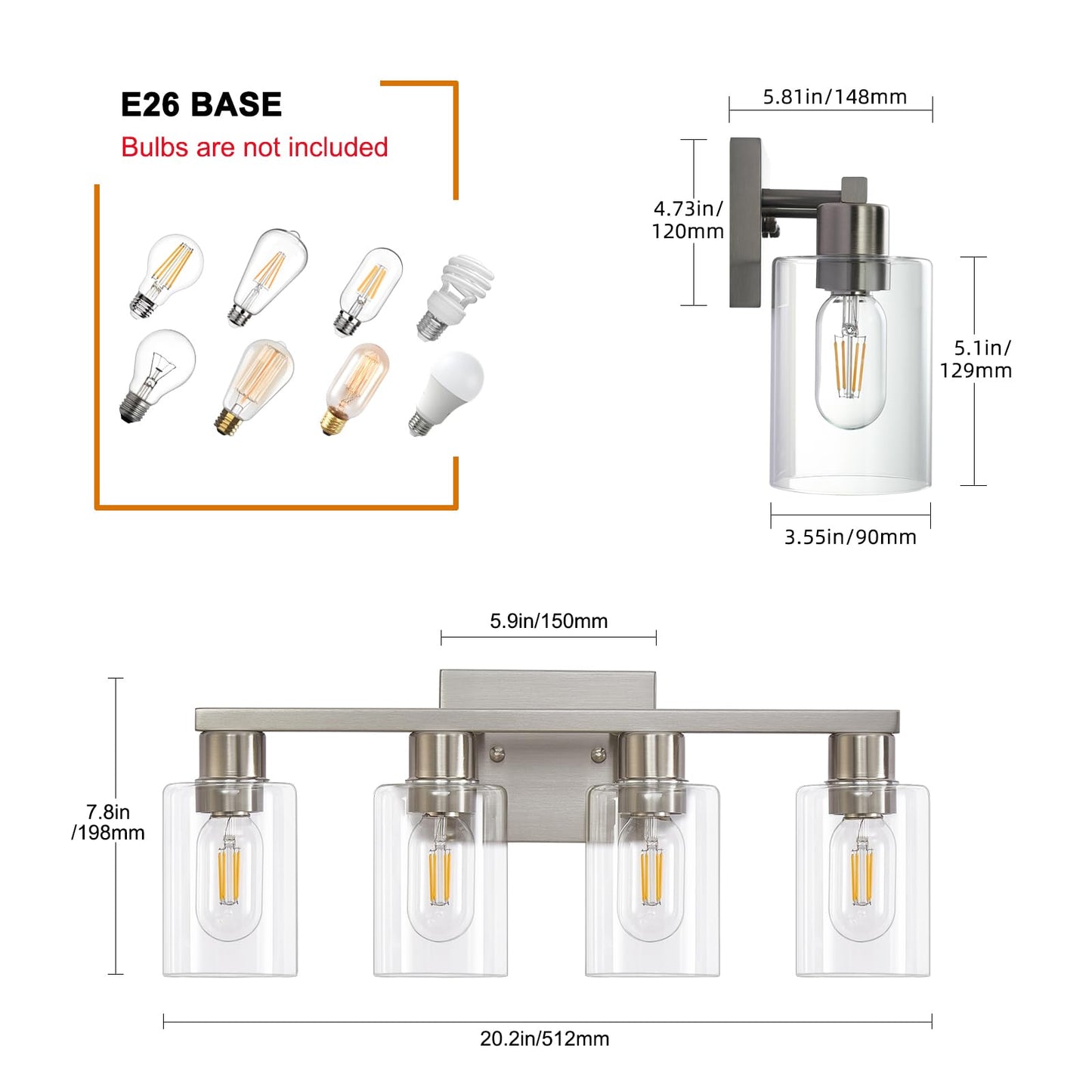 DIDUIO 4 Light Bathroom Vanity Light Brushed Nickel Vanity Lights for Bathroom Modern 4-Lights Wall Sconce with Clear Glass Shade for Bedroom Living Room