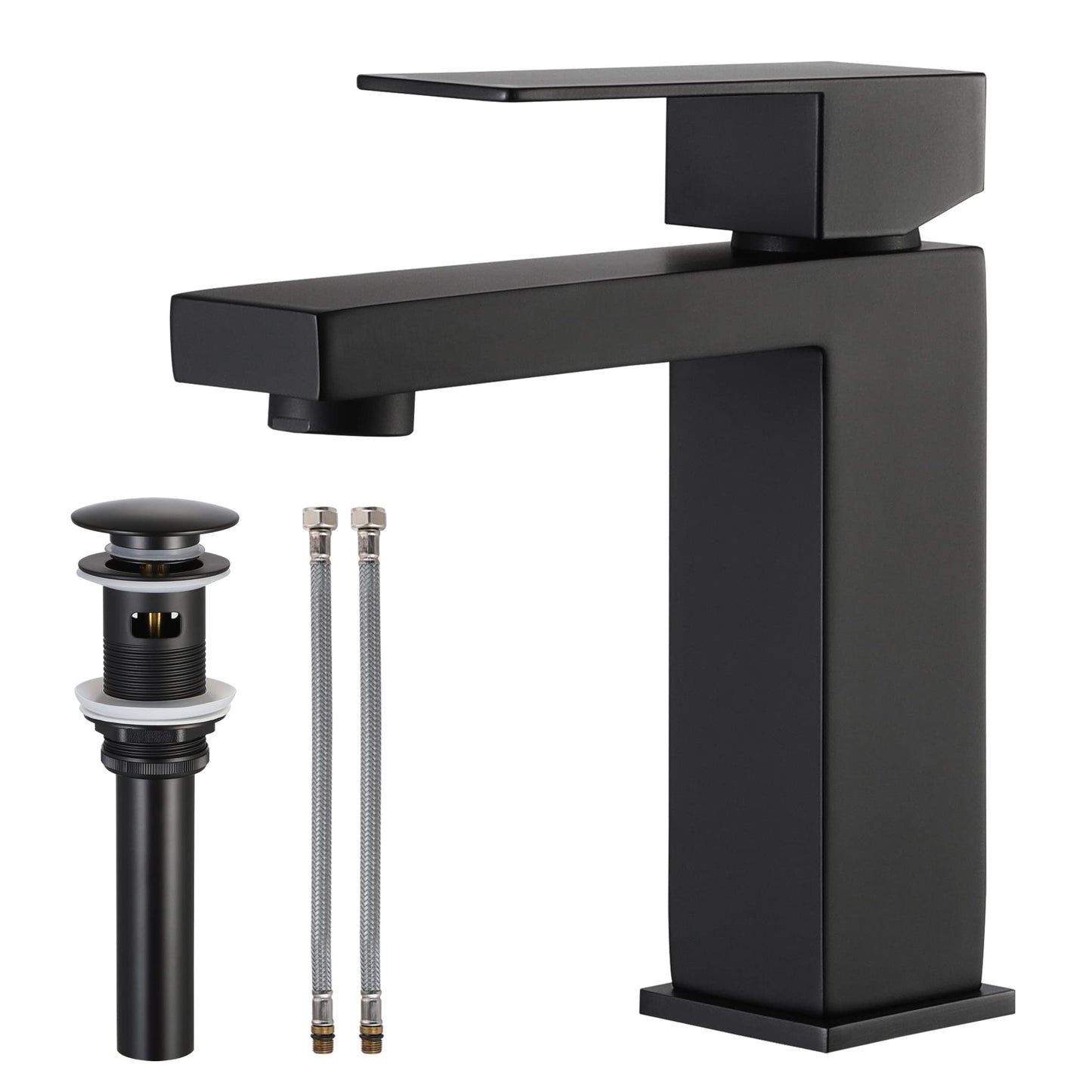 KES Black Bathroom Faucet & Bathroom Sink Drain with Overflow, cUPC Certified Vanity Single Hole Faucet with Pop Up Drain Stopper Rustproof Matte Black, L3156ALFF12-BK-C3