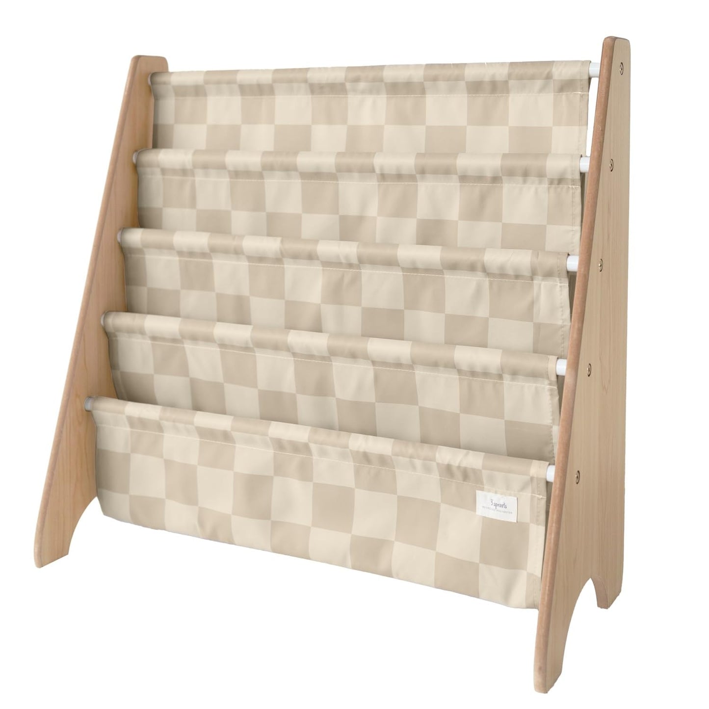 3 Sprouts Kids Bookshelf with Recycled Fabric - 4-Tier Sling Storage for Kids Rooms Holds 35 Titles - Toddler Organizer for Ages 3+ - Checkered Beige