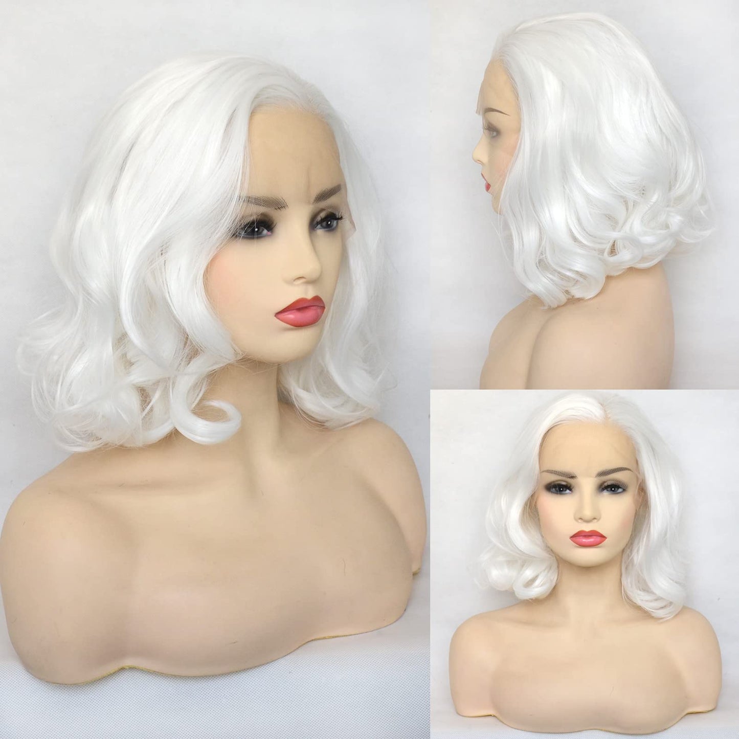 BLUPLE White Lace Front Wig Short Wavy Bob Style Platinum White 1001# Loose Wave Curly Synthetic Hair Side Part Half Hand Tied Replacement Full Wigs 12 Inches for Women Girls