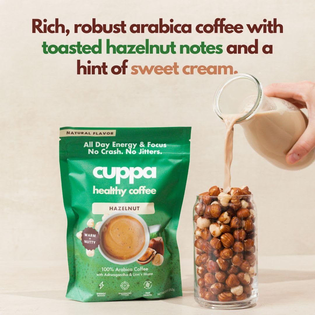 Cuppa Hazelnut Mushroom Coffee with Adaptogens & Superfoods - Lion’s Mane, Ashwagandha & Cordyceps. Adaptogens + MCT to support natural energy, mental focus & gut health (30 Servings)