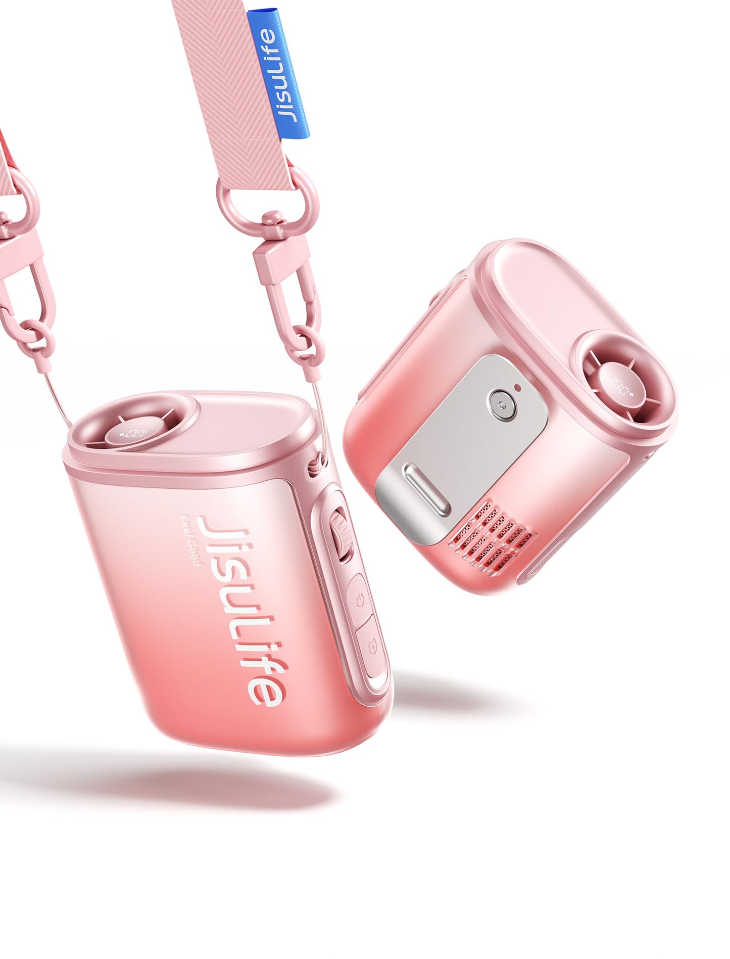 JISULIFE Portable Necklace Fan with 100 Speeds, 40000RPM, Digital Display, 4500mAh Personal Waist Fan for 16H Cooling, Clip-On Wearable Design for Outdoor Travel, Fashionable Gift for Women(Pink)