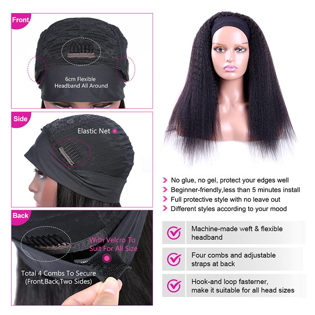 Vanmast Headband Wigs Human Hair 180% Density 12A Kinky Straight Human Hair Headband Wigs For Black Women Yaki Straight Human Hair Wigs With Headband Attached Half Wig Natural Black Color 24 Inch