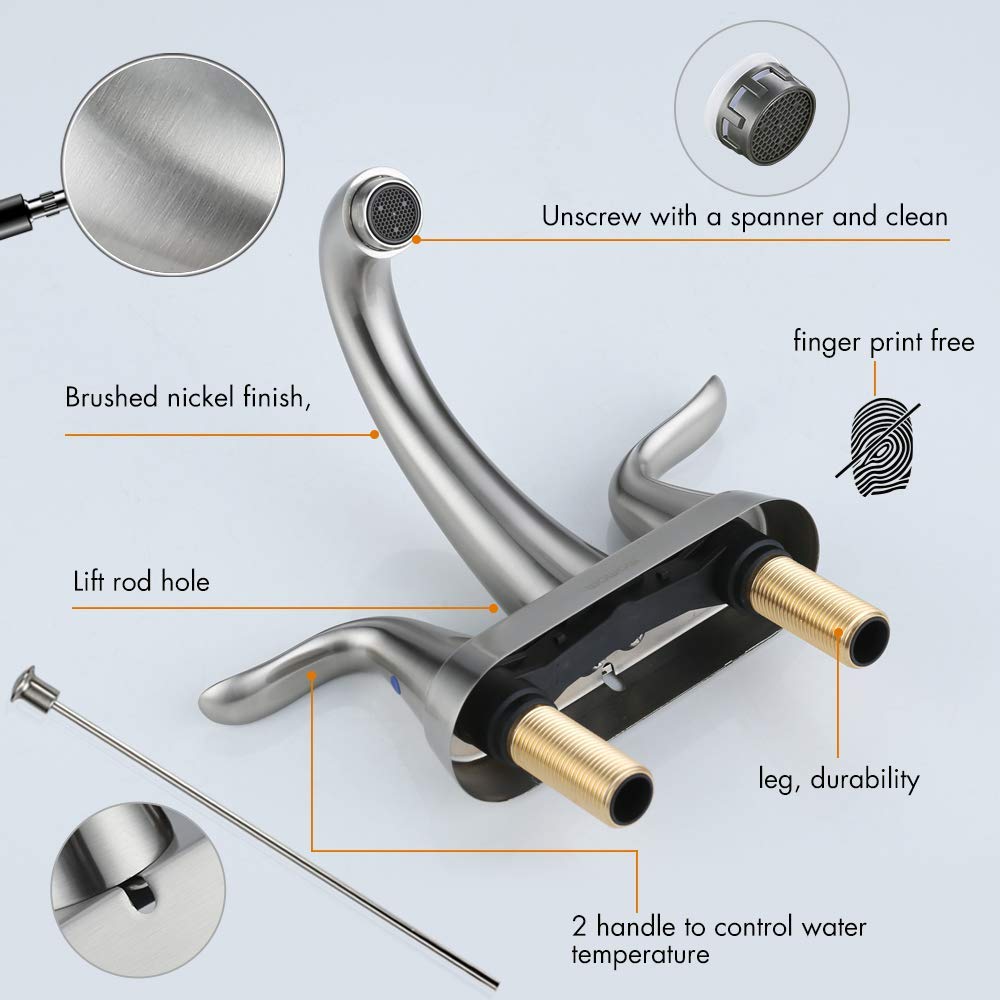 WOWOW Bathroom Faucet 2 Handle 4 Inch Centerset Bathroom Sink Faucet, Lead-Free Basin Mixer Tap with Lift Rod Drain Stopper, 2 Handle Centerset Lavatory Faucet Brushed Nickel Vanity Faucet