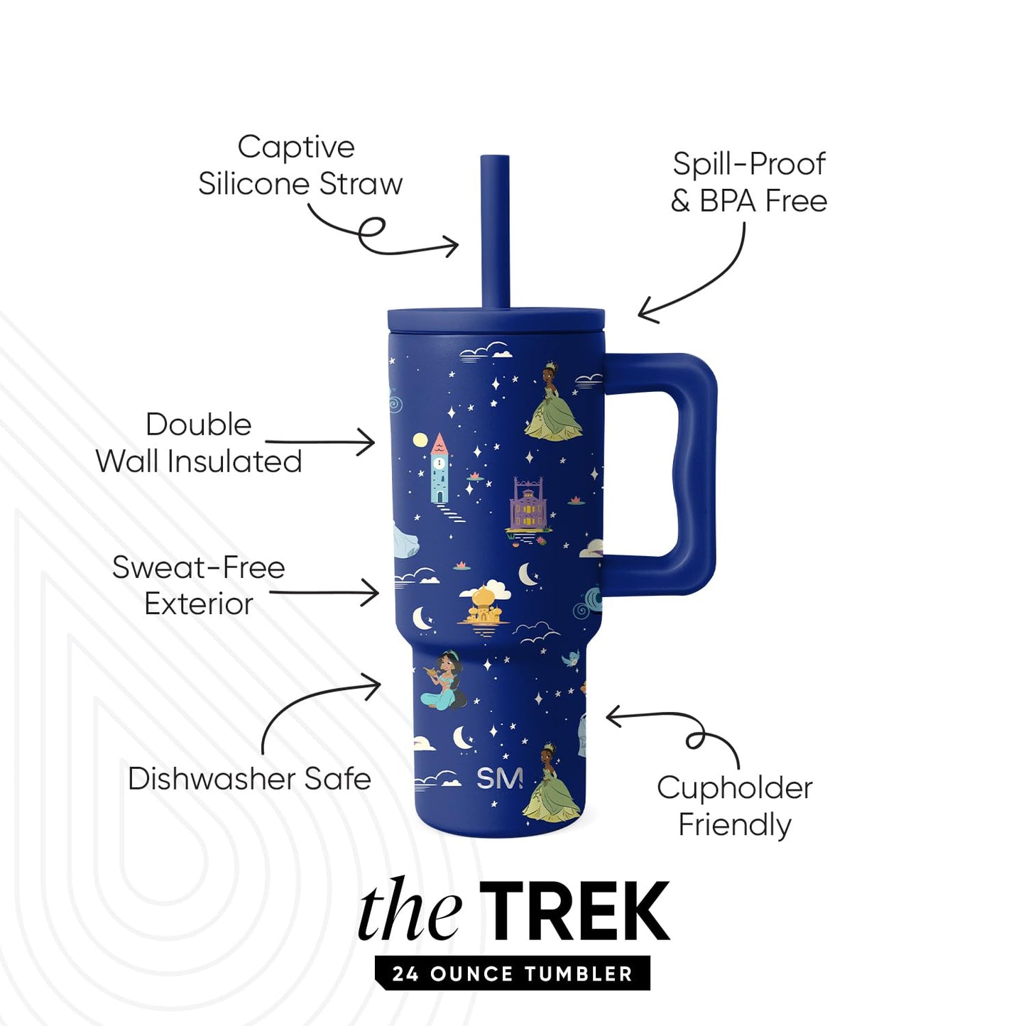 Simple Modern Disney Kids 24 oz Tumbler with Handle and Silicone Straw Lid | Spill Proof and Leak Resistant | Stainless Steel Bottle | Gift for Kids Boys Girls | Trek Collection | Princess Dreams