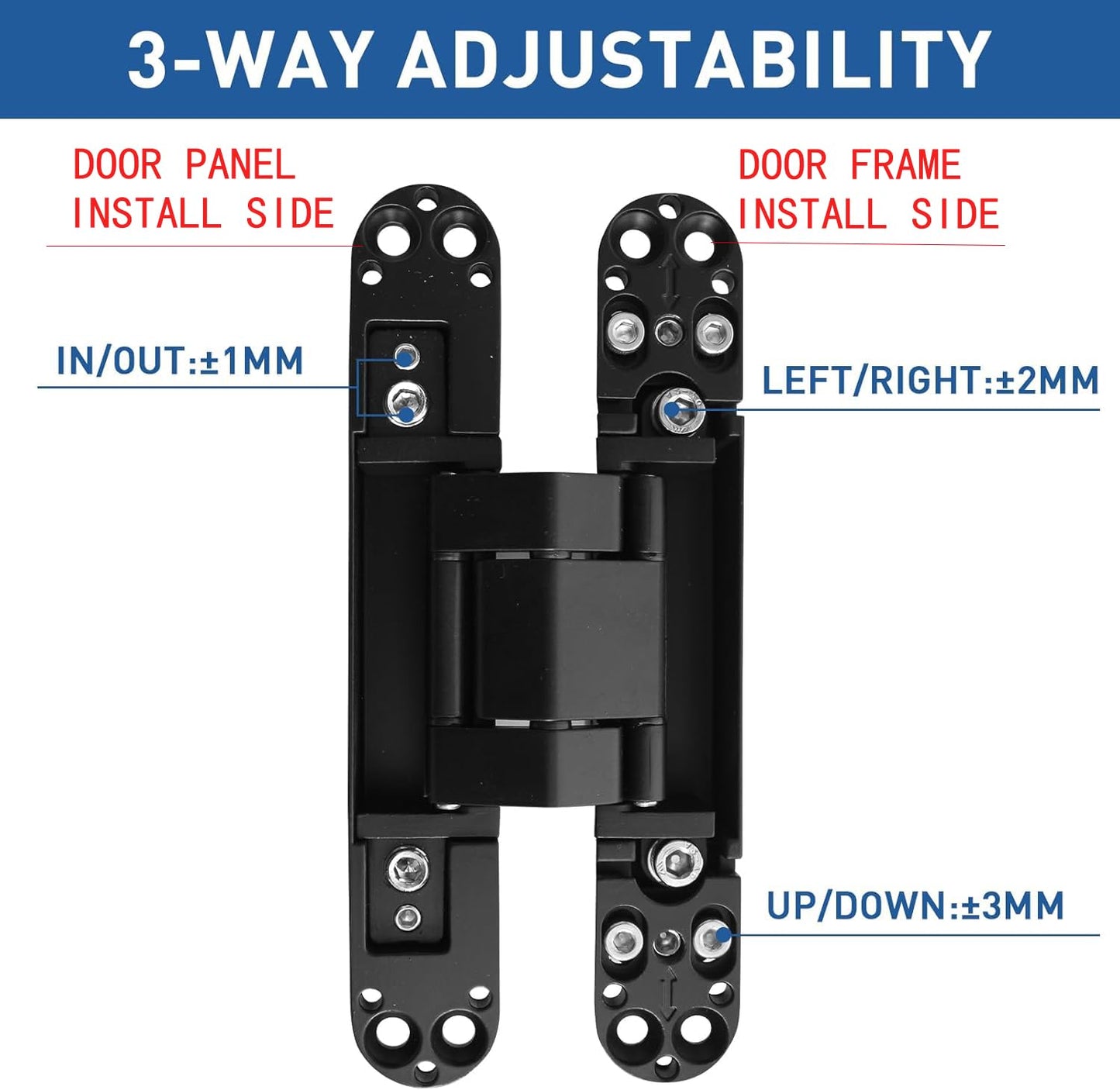 TamBee 6inch Hidden Door Hinges Invisible Hinges Concealed Hinges Zinc Alloy 180 Degree Swing Hinge 3 Way Adjustable Butt Hinge 6 x 2.5 x 1 inch Black (2 Hinges)
